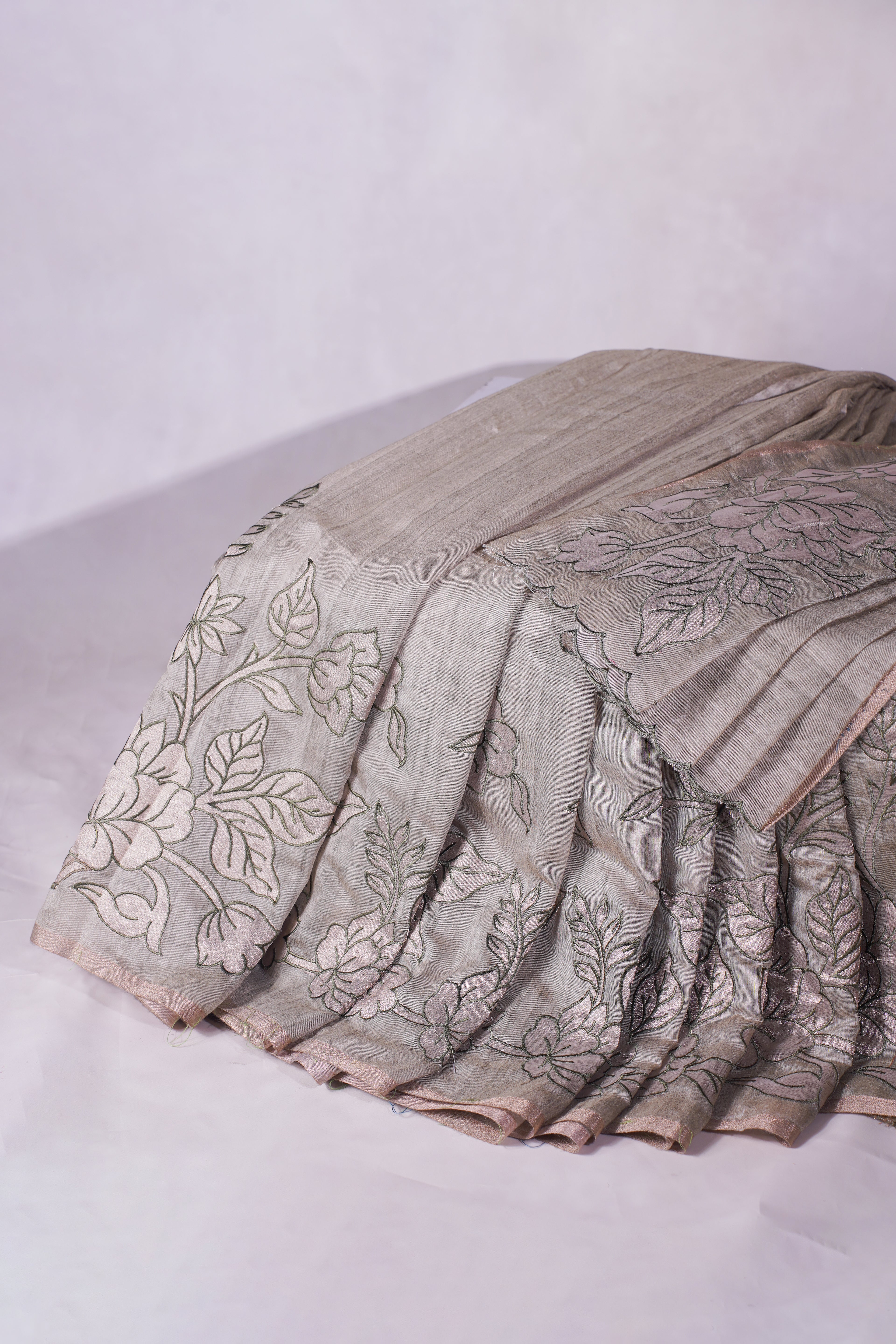 "UTSAV BANARAS 483" Banarasi Taupe Beige Linen Silk Saree With Pencil Sketch Floral Embroidery
