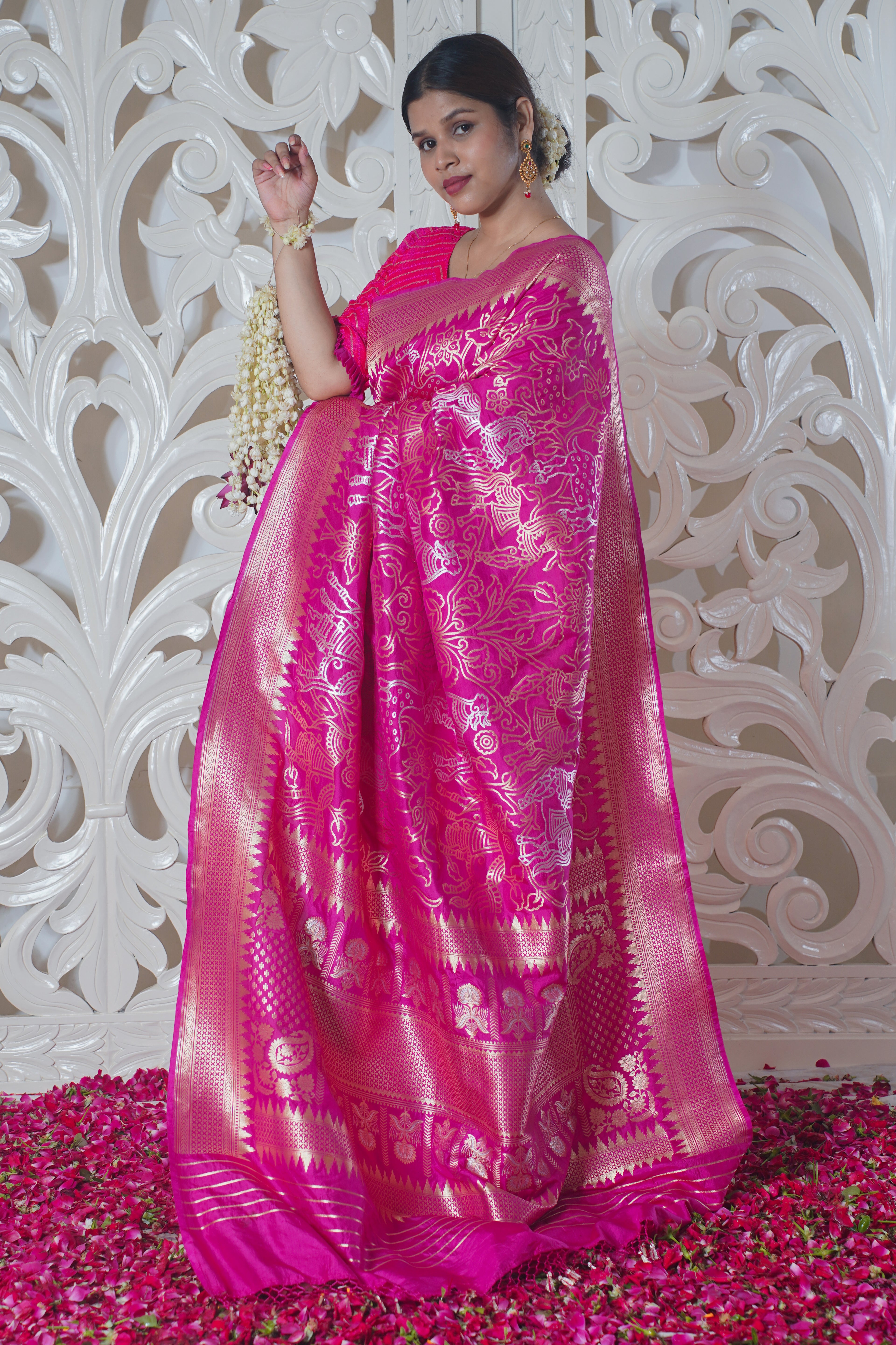 "Virasat 139" Pink Pure Banarasi Silk Saree With Jaal Work