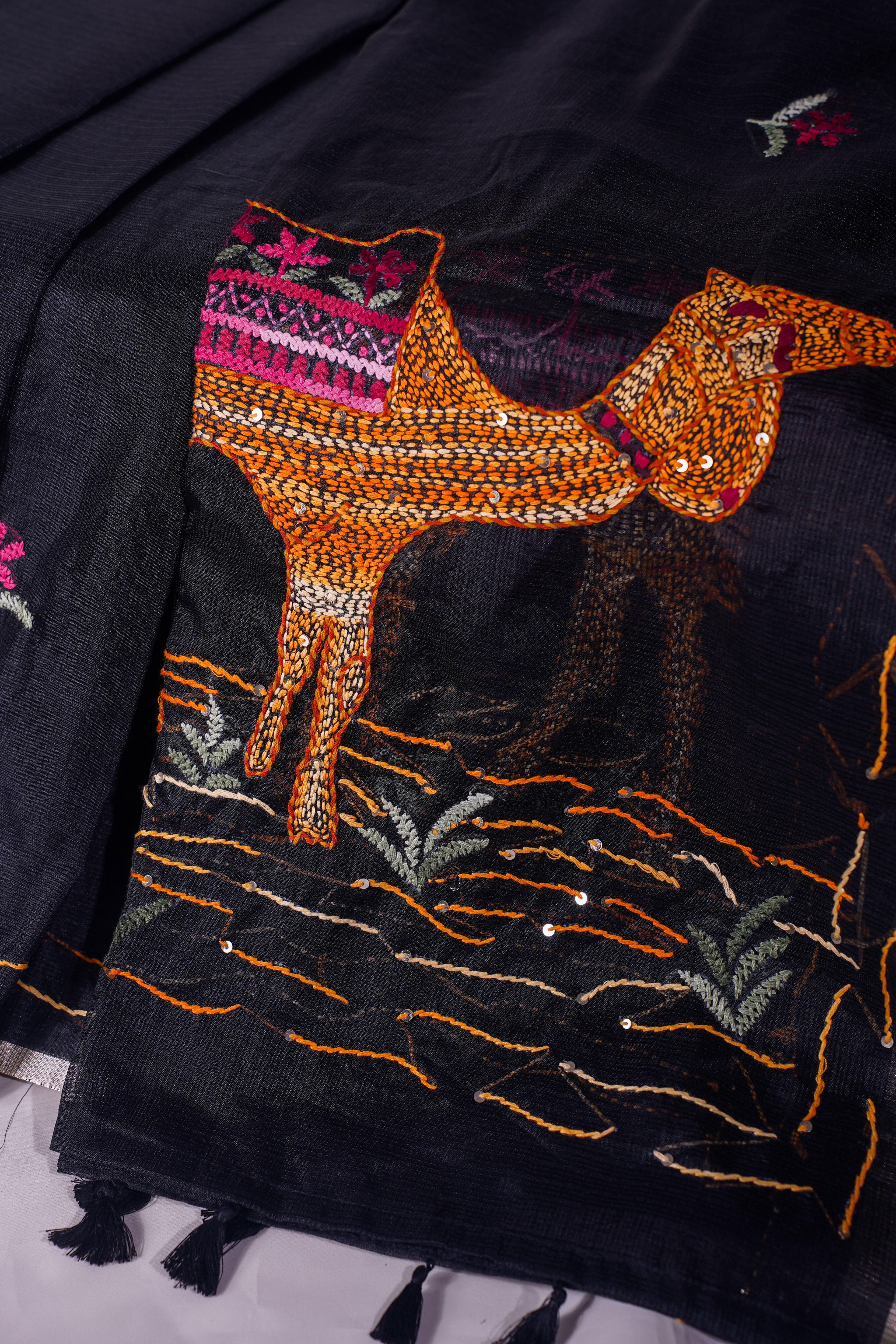 "Utsav Banaras 343" Banarasi Black Munga Silk Saree With Multicolored Camel Applique Embroidery