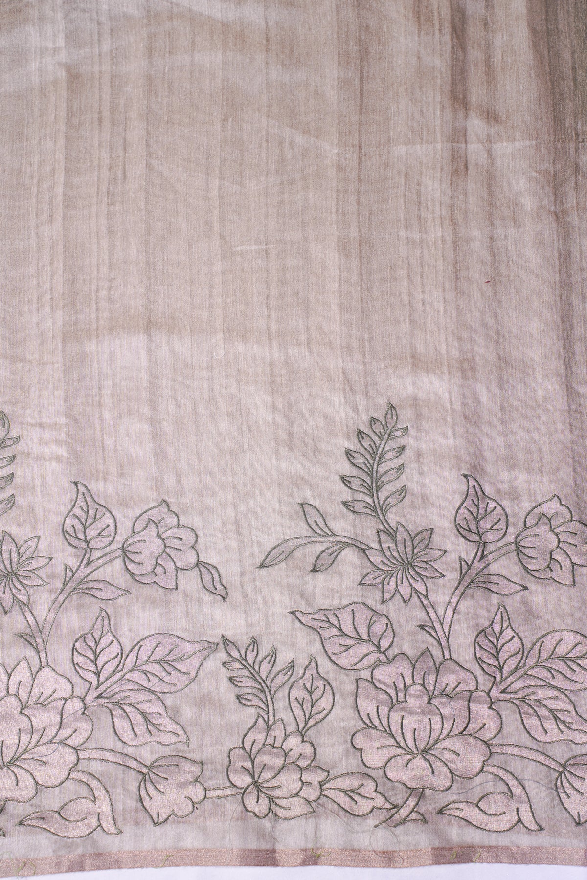 "UTSAV BANARAS 483" Banarasi Taupe Beige Linen Silk Saree With Pencil Sketch Floral Embroidery