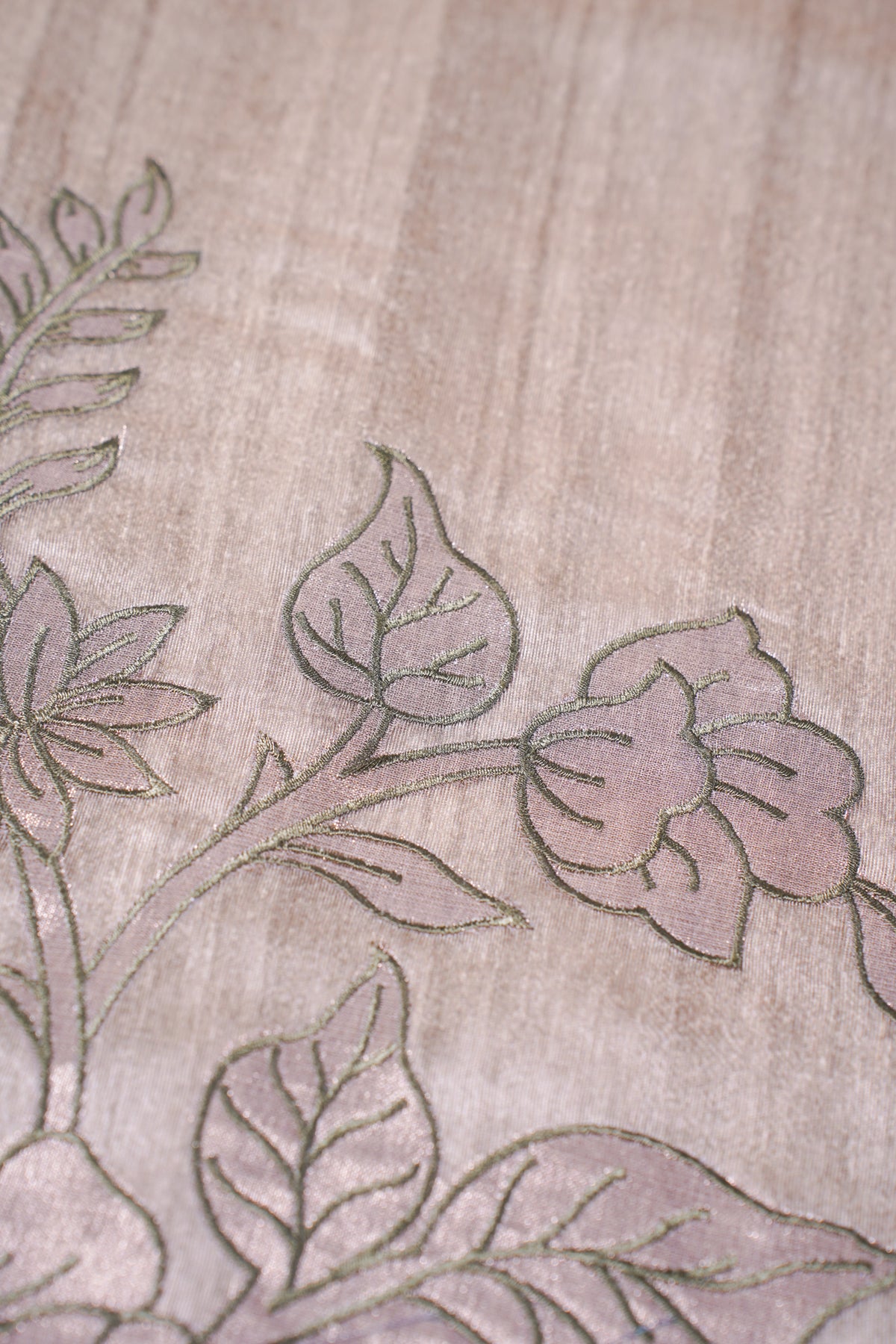"UTSAV BANARAS 483" Banarasi Taupe Beige Linen Silk Saree With Pencil Sketch Floral Embroidery