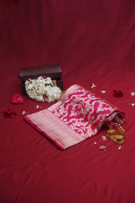 "VIRASAT 103" Dark Pink Pure Kadwa Jaal Banarasi Handloom Saree