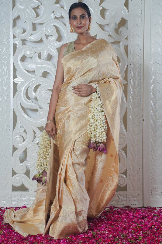 "Virasat 138" Golden Pure Banarasi Silk Saree With Allover Booti Work
