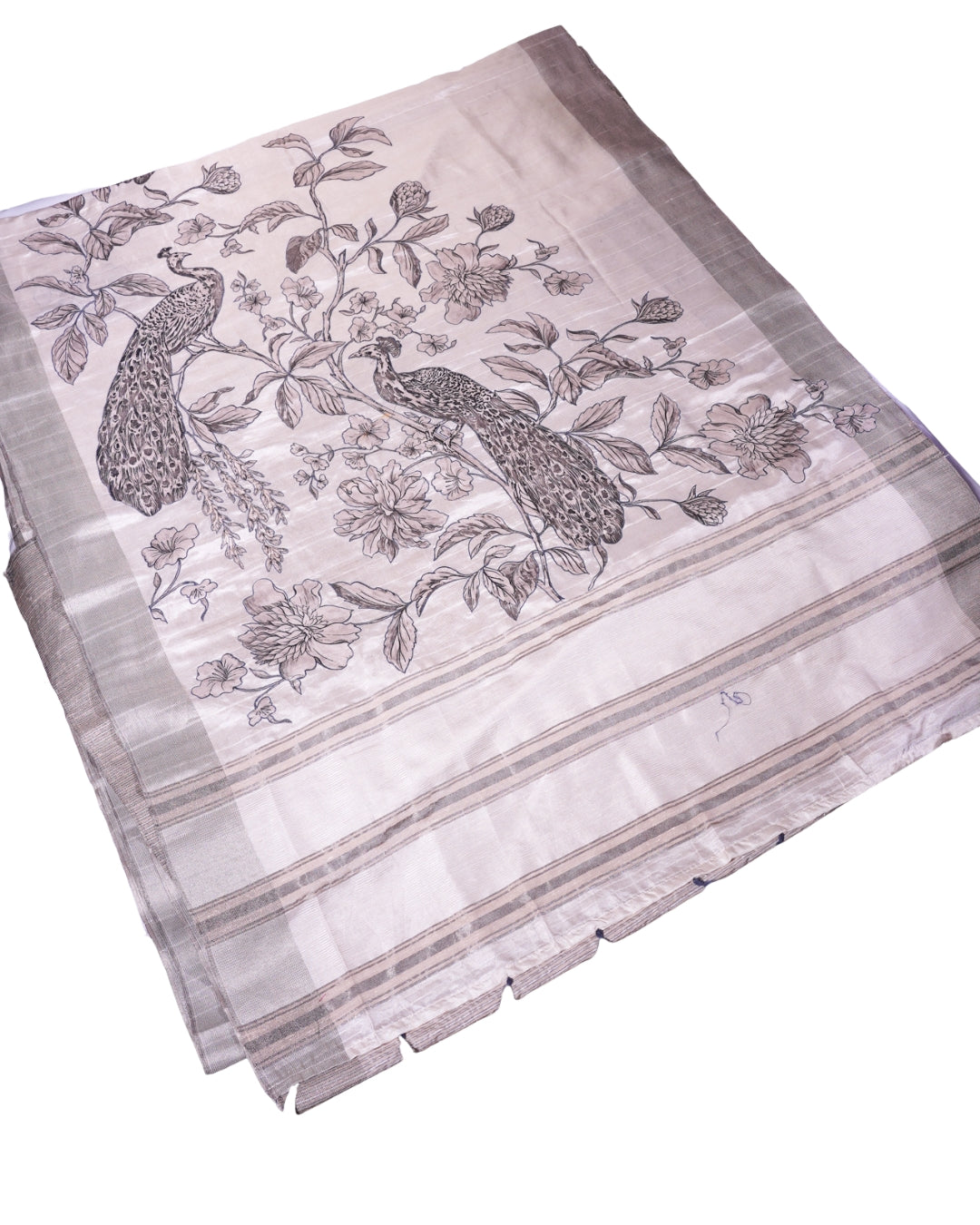 "UTSAV BANARAS 356" Banarasi Silver Grey Linen Silk Saree With Green Pencil Sketch Peacock Embroidery