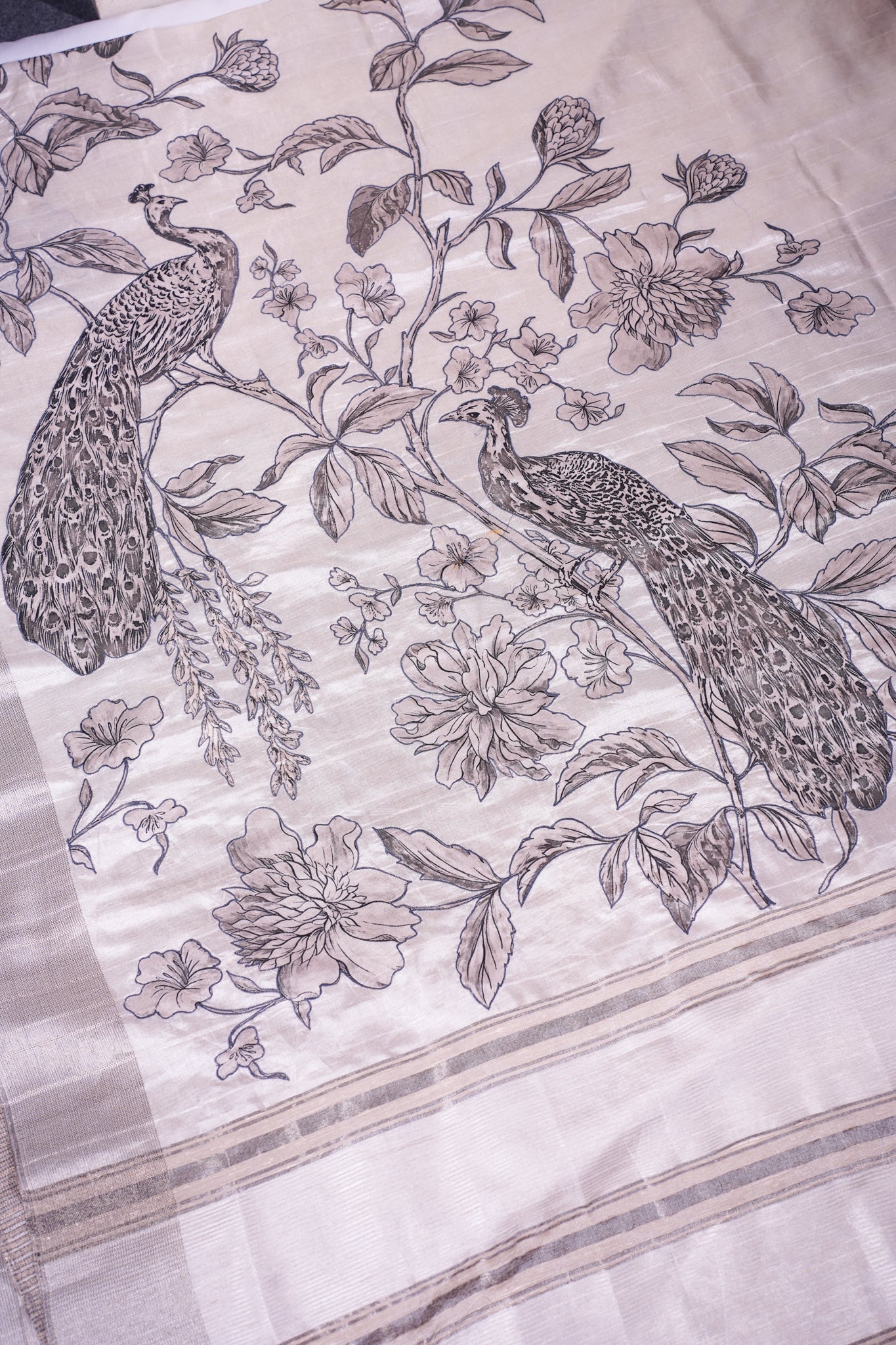 "UTSAV BANARAS 356" Banarasi Silver Grey Linen Silk Saree With Green Pencil Sketch Peacock Embroidery