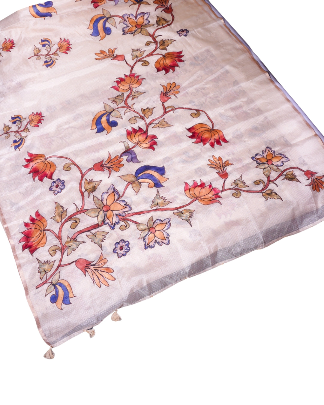 "UTSAV BANARAS 347" Banarasi Cream Munga Silk Saree With Multicolored Floral Applique & Hand-Painted Effect