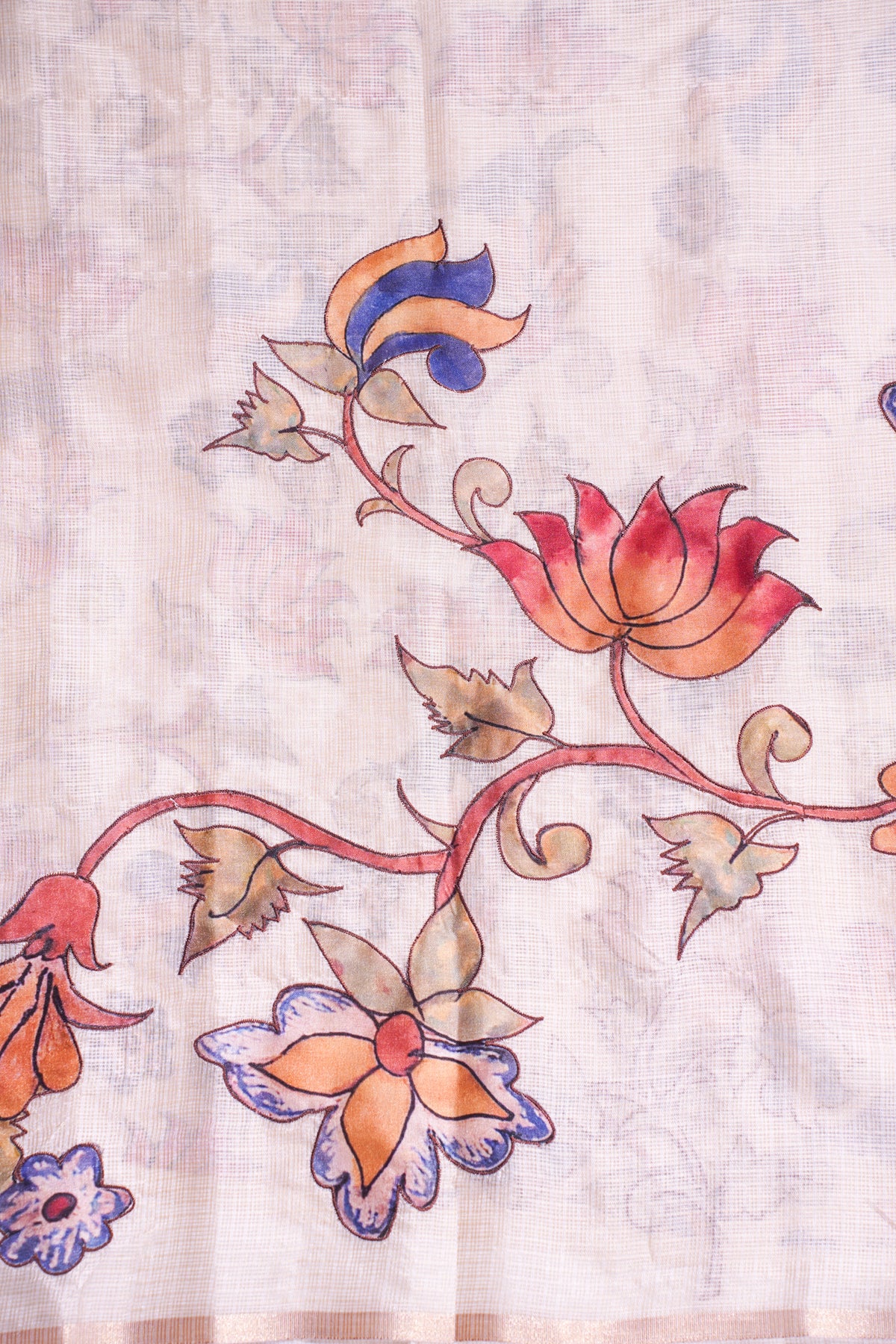 "UTSAV BANARAS 347" Banarasi Cream Munga Silk Saree With Multicolored Floral Applique & Hand-Painted Effect