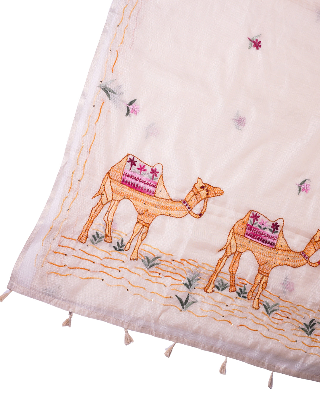"UTSAV BANARAS 341" Banarasi Cream Munga Silk Saree With Multicolored Camel Applique Embroidery
