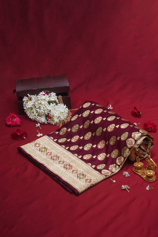 "VIRASAT 106" Maroon Pure Kadwa Banarasi Handloom Wedding Saree