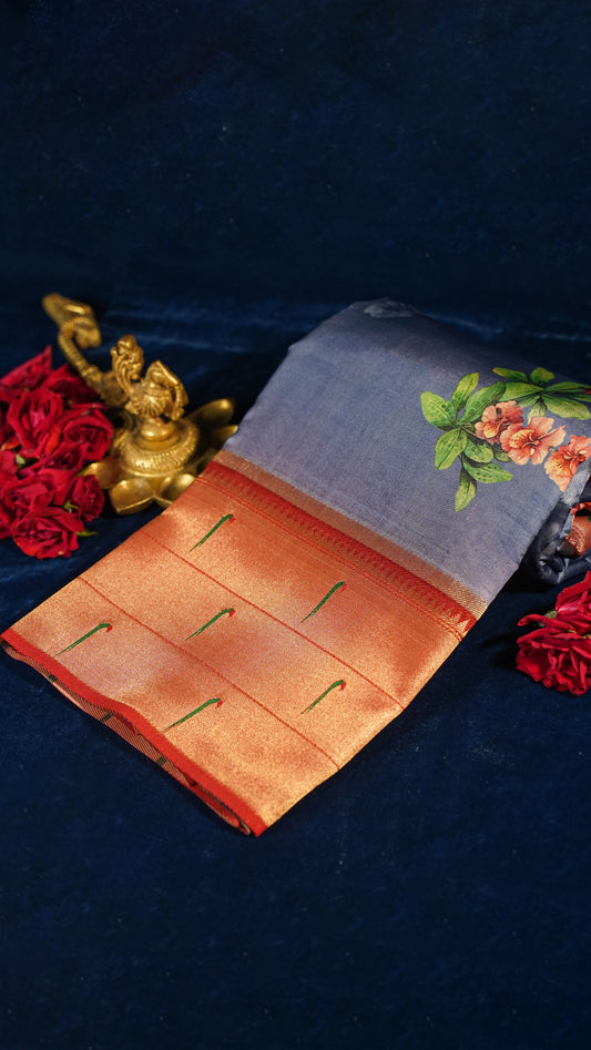 "UTSAV BANARAS 145" Banarasi Ocean Blue Digital Print Paithani Silk Saree
