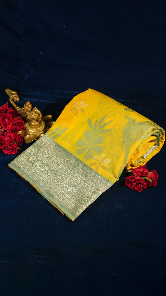 "UTSAV BANARAS 139" Banarasi Yellow Jamdani Cotton Silk Saree