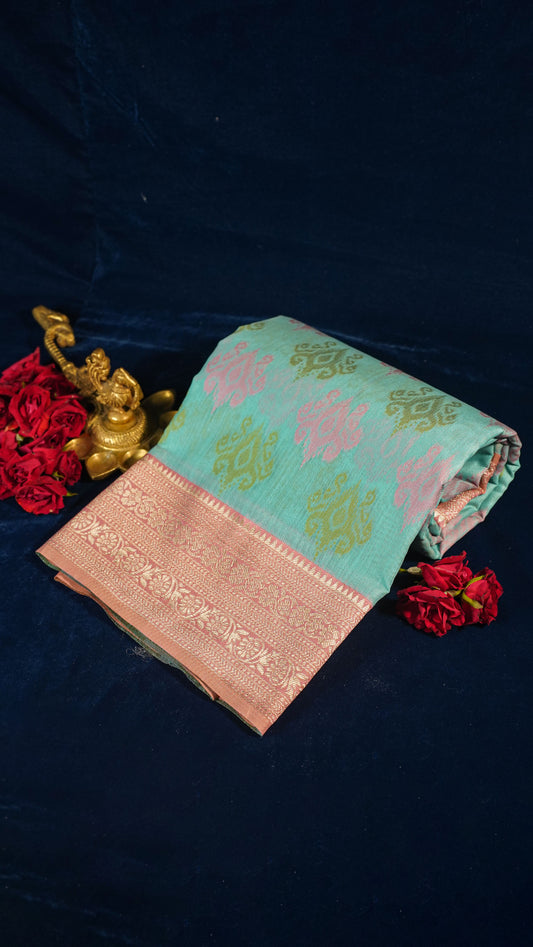 "UTSAV BANARAS 140" Banarasi Light Teal Jamdani Cotton Silk Saree