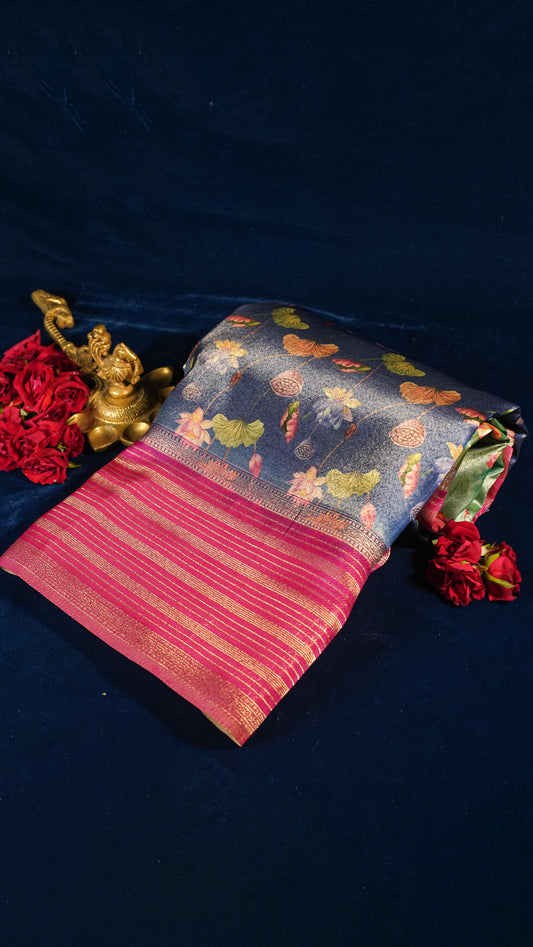 "UTSAV BANARAS 143" Banarasi Blue Digital Print Tissue Silk Saree