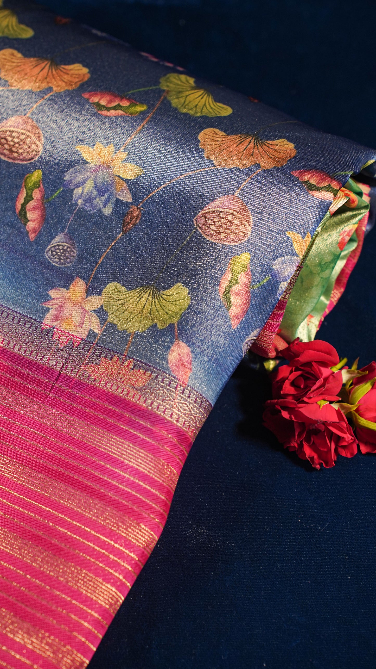 "UTSAV BANARAS 143" Banarasi Blue Digital Print Tissue Silk Saree
