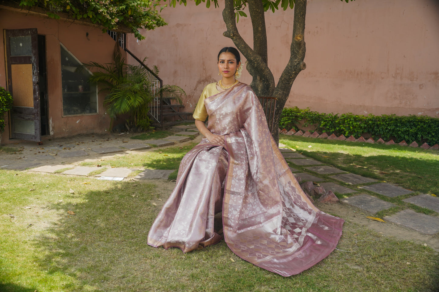 "VIRASAT 014" Onion Pink Pure Tissue Silk Banarasi Handwoven Saree