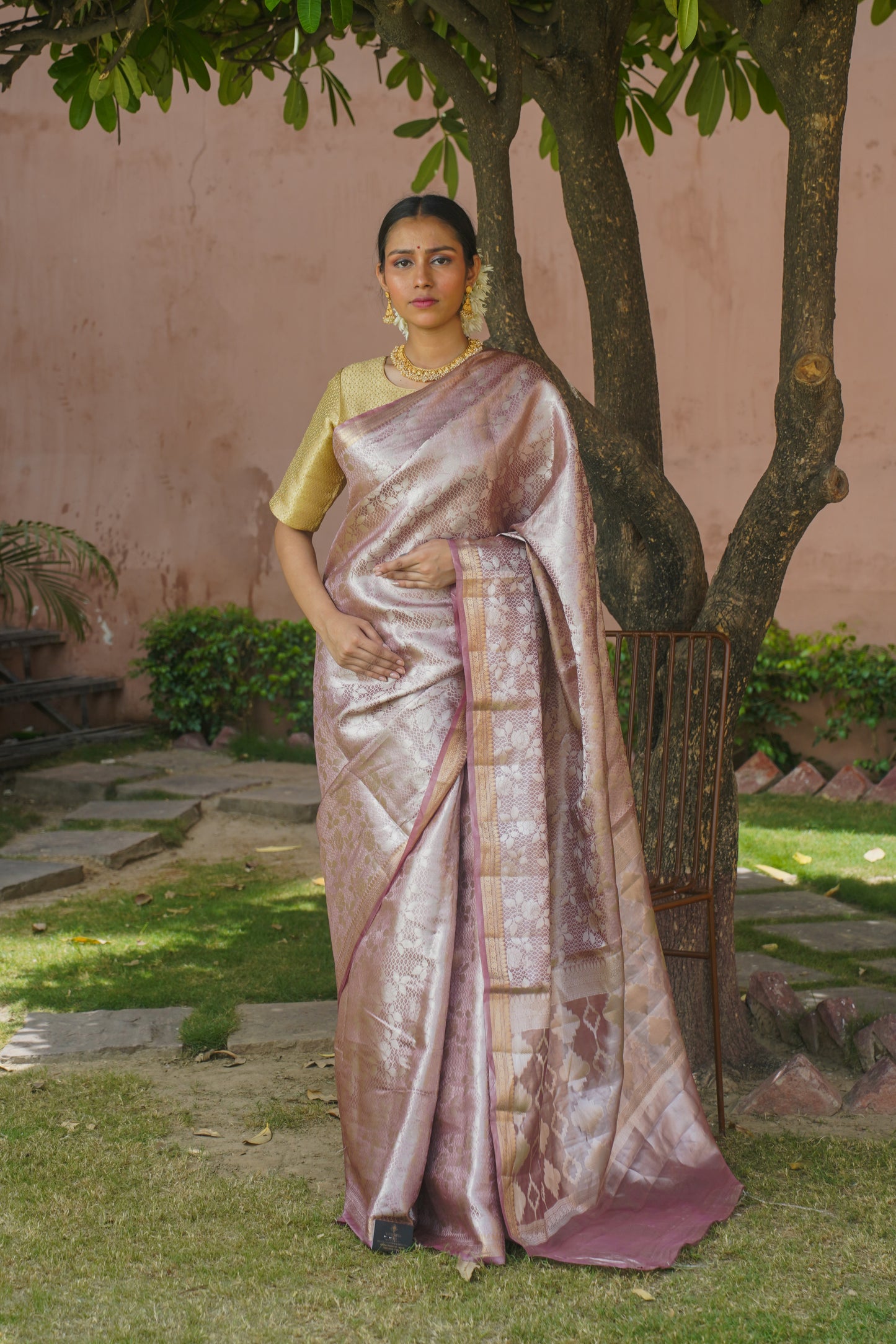 "VIRASAT 014" Onion Pink Pure Tissue Silk Banarasi Handwoven Saree