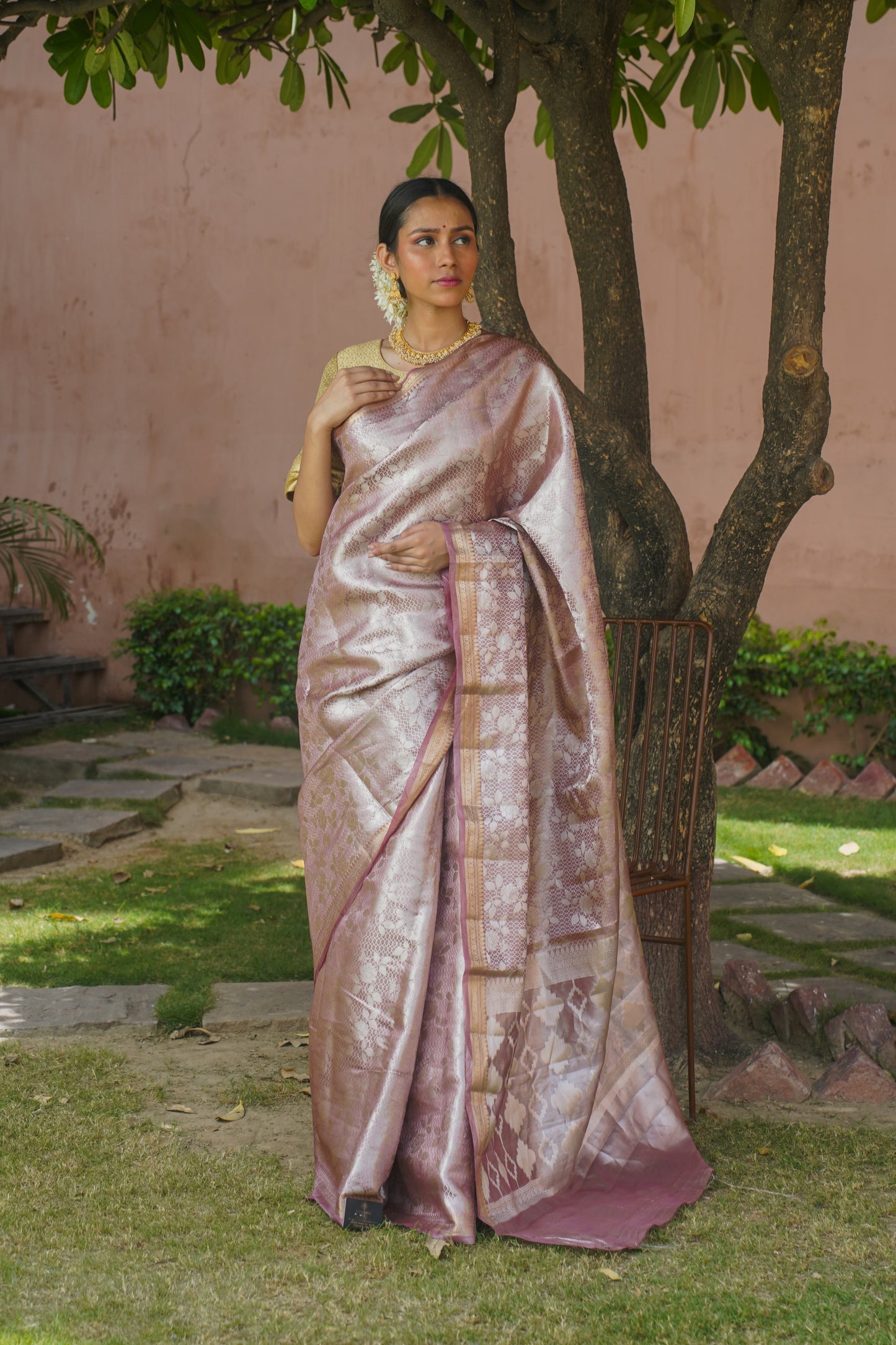 "VIRASAT 014" Onion Pink Pure Tissue Silk Banarasi Handwoven Saree