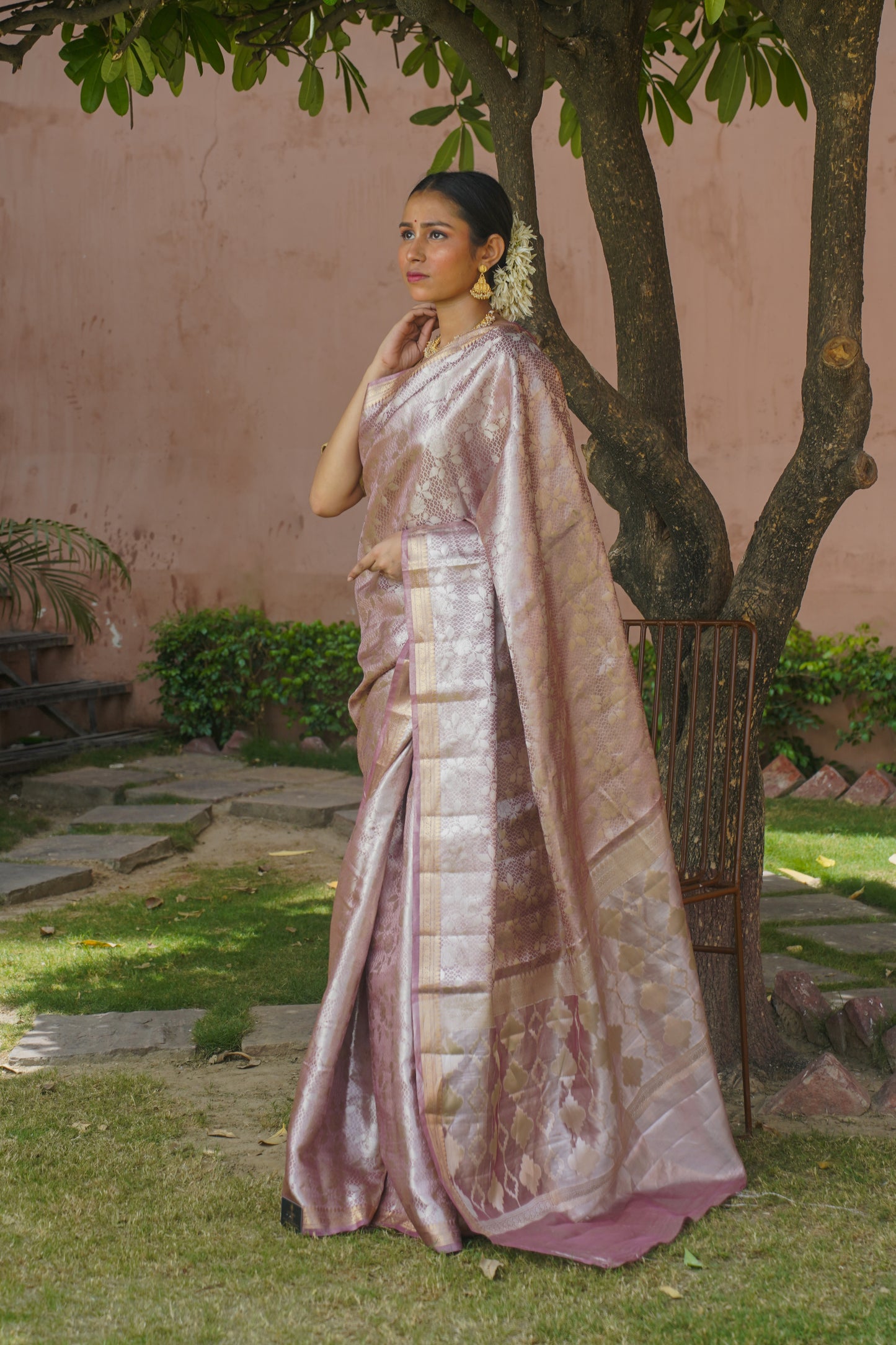 "VIRASAT 014" Onion Pink Pure Tissue Silk Banarasi Handwoven Saree