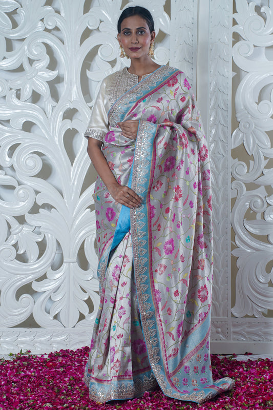 "VIRASAT 133" Off-White Pure katan Silk Saree With Border (Embroidery work)