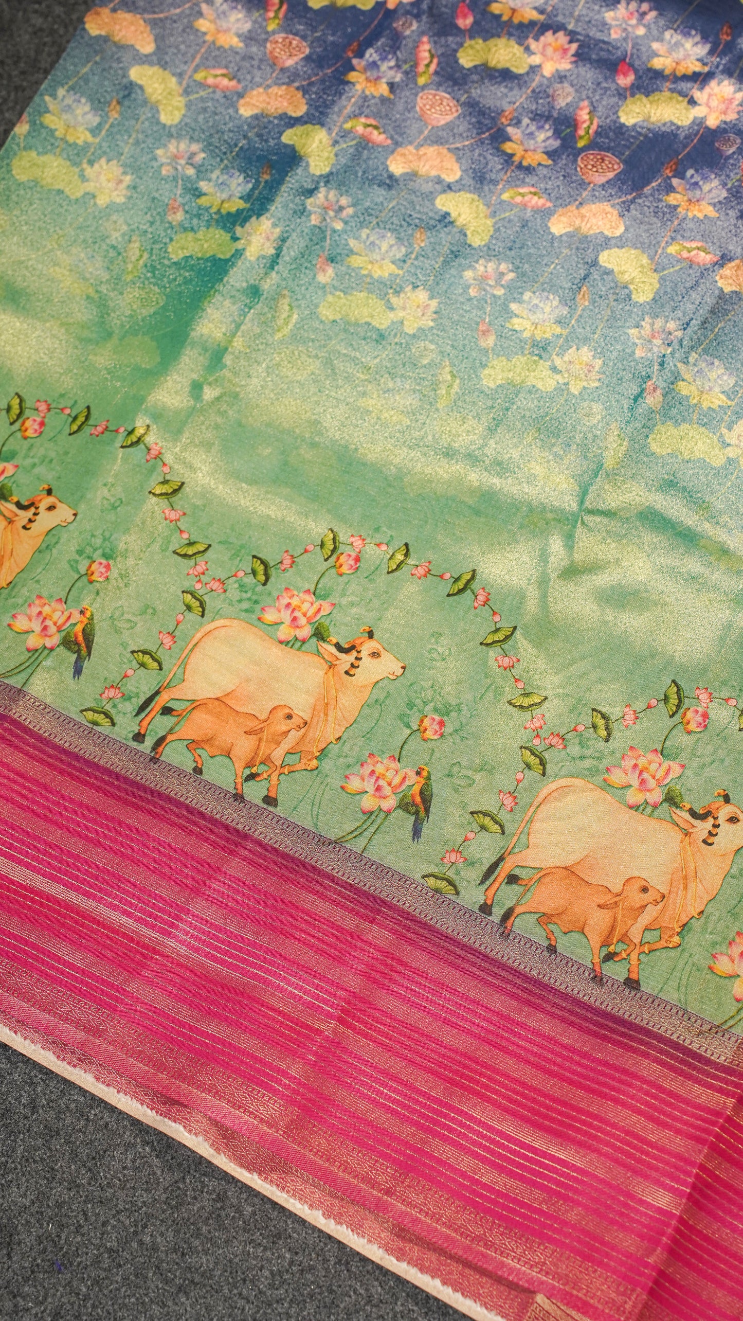 "UTSAV BANARAS 143" Banarasi Blue Digital Print Tissue Silk Saree