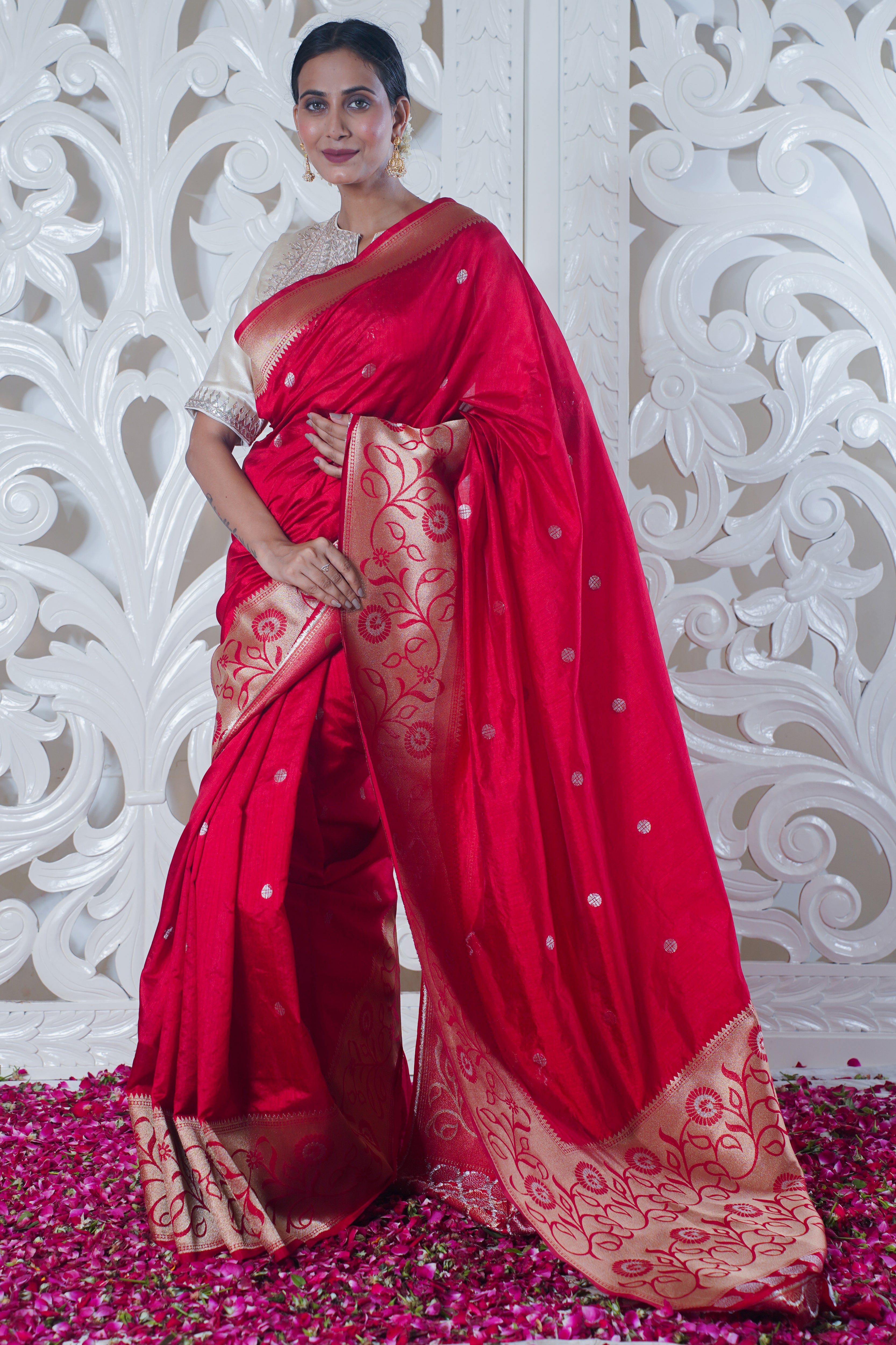 UTSAV BANARAS 047: Pure Red Katan Silk Saree With Kadiyal Border