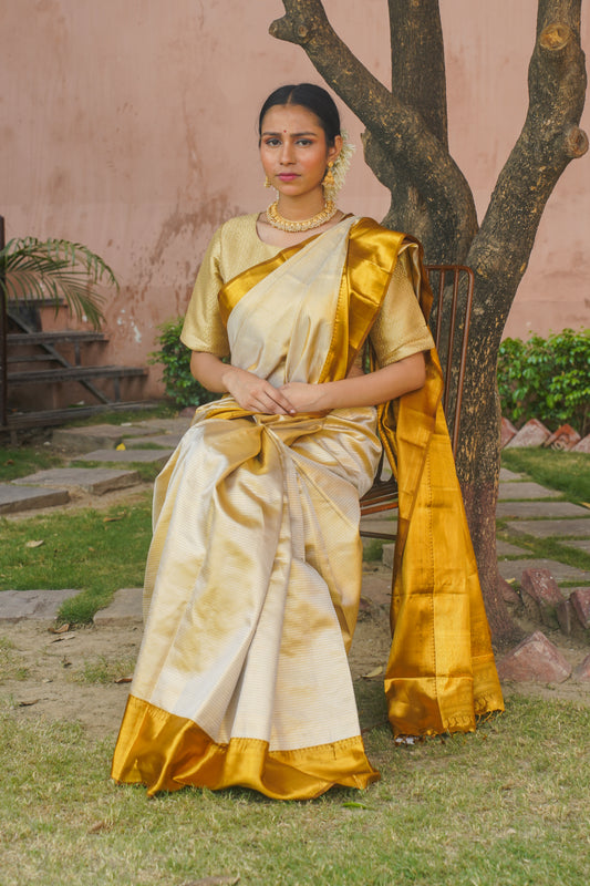 "VIRASAT 120" Golden Pure Kanjivaram Silk Saree