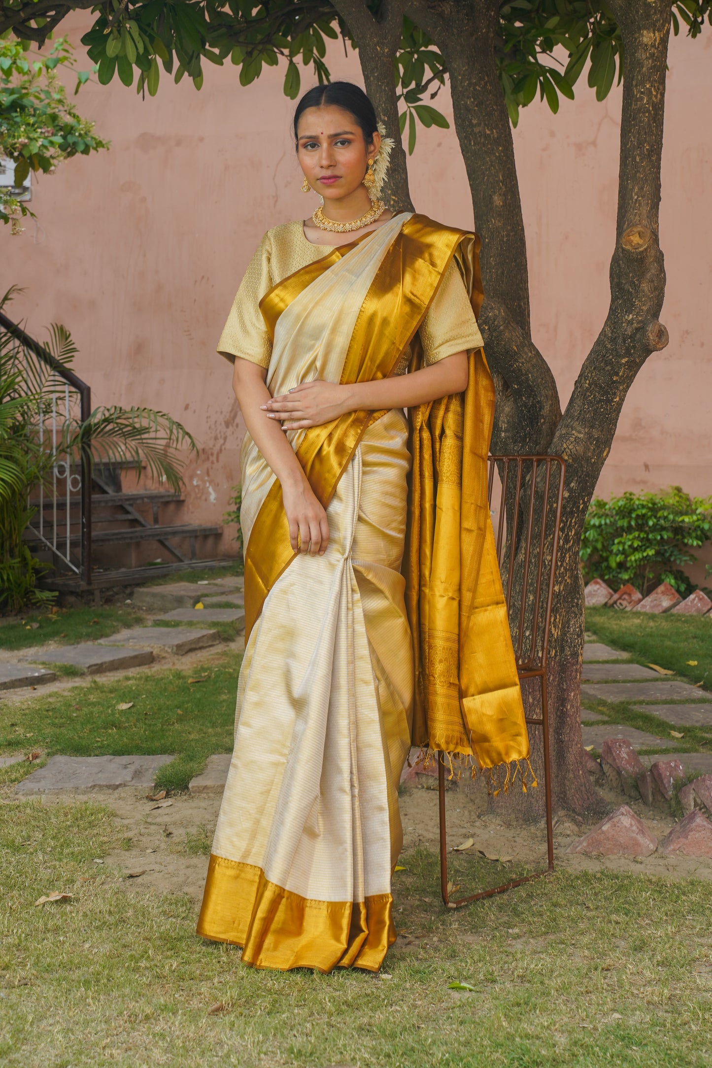 "VIRASAT 120" Golden Pure Kanjivaram Silk Saree