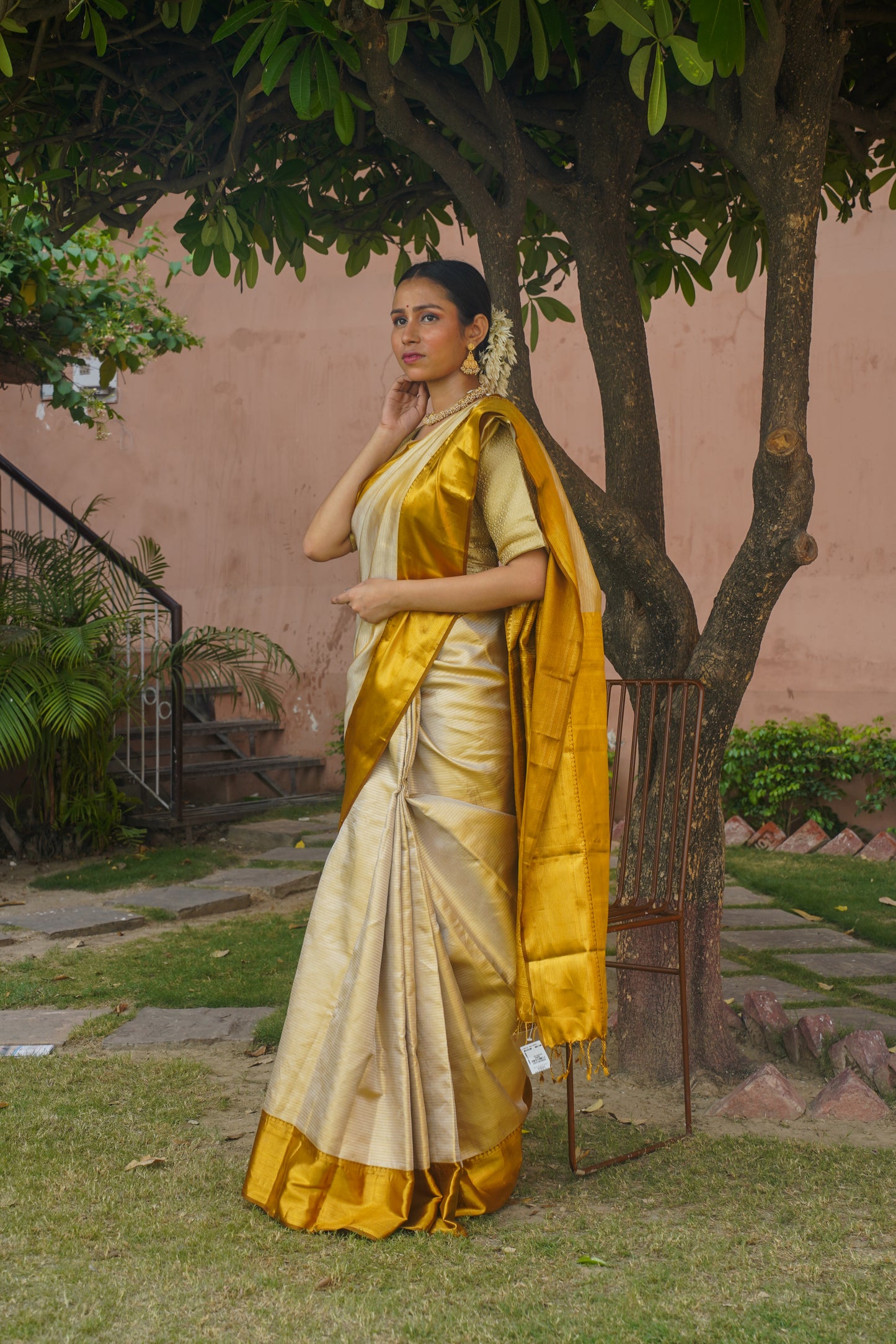 "VIRASAT 120" Golden Pure Kanjivaram Silk Saree