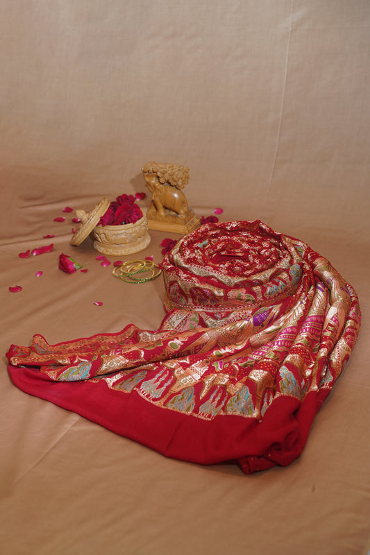 "VIRASAT 108" Red Pure Khaddi Bandhej Banarasi Handloom Saree