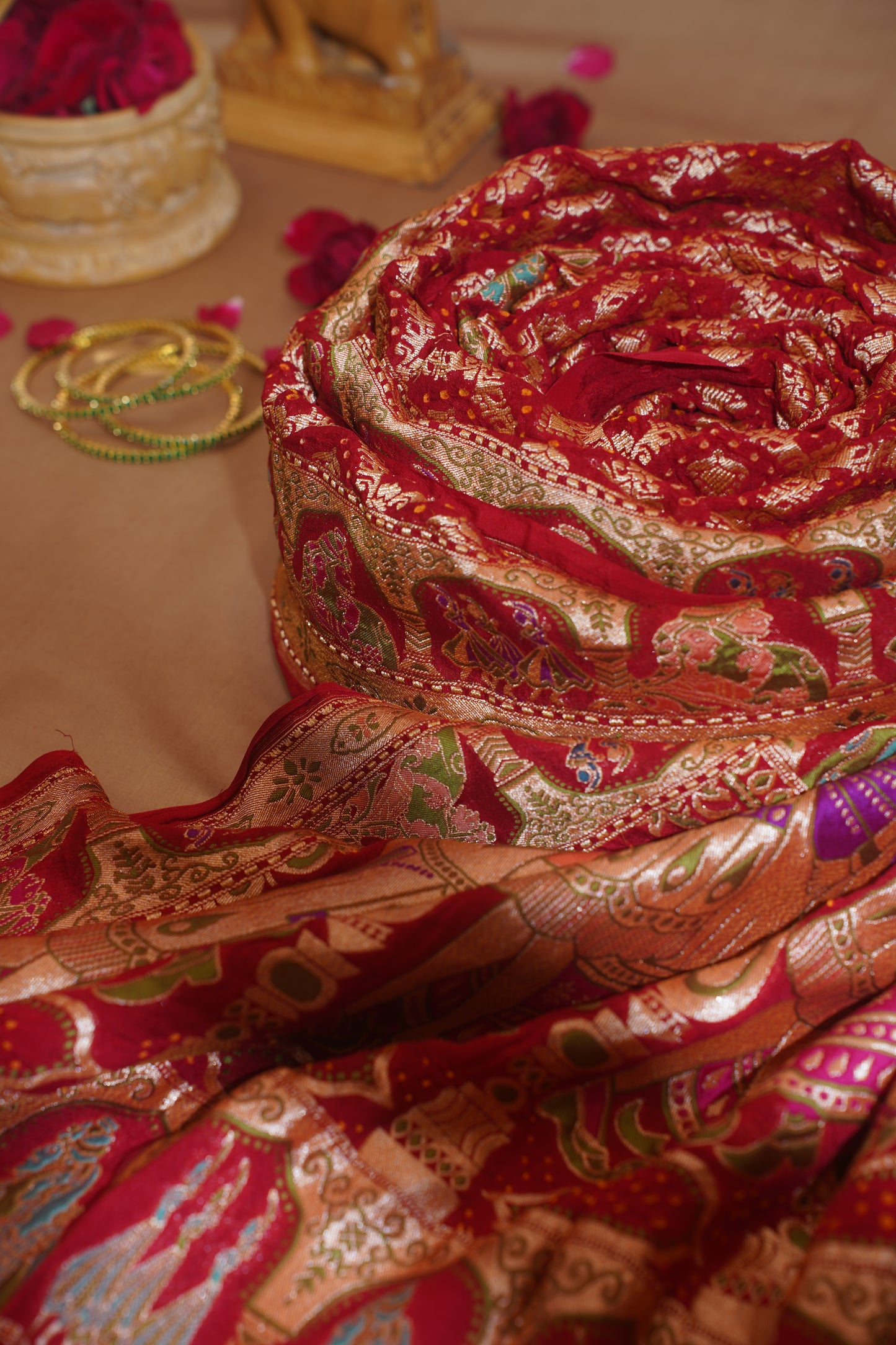Bagalamukhi Red Pure Khaddi Bandhej Banarasi Handloom Saree