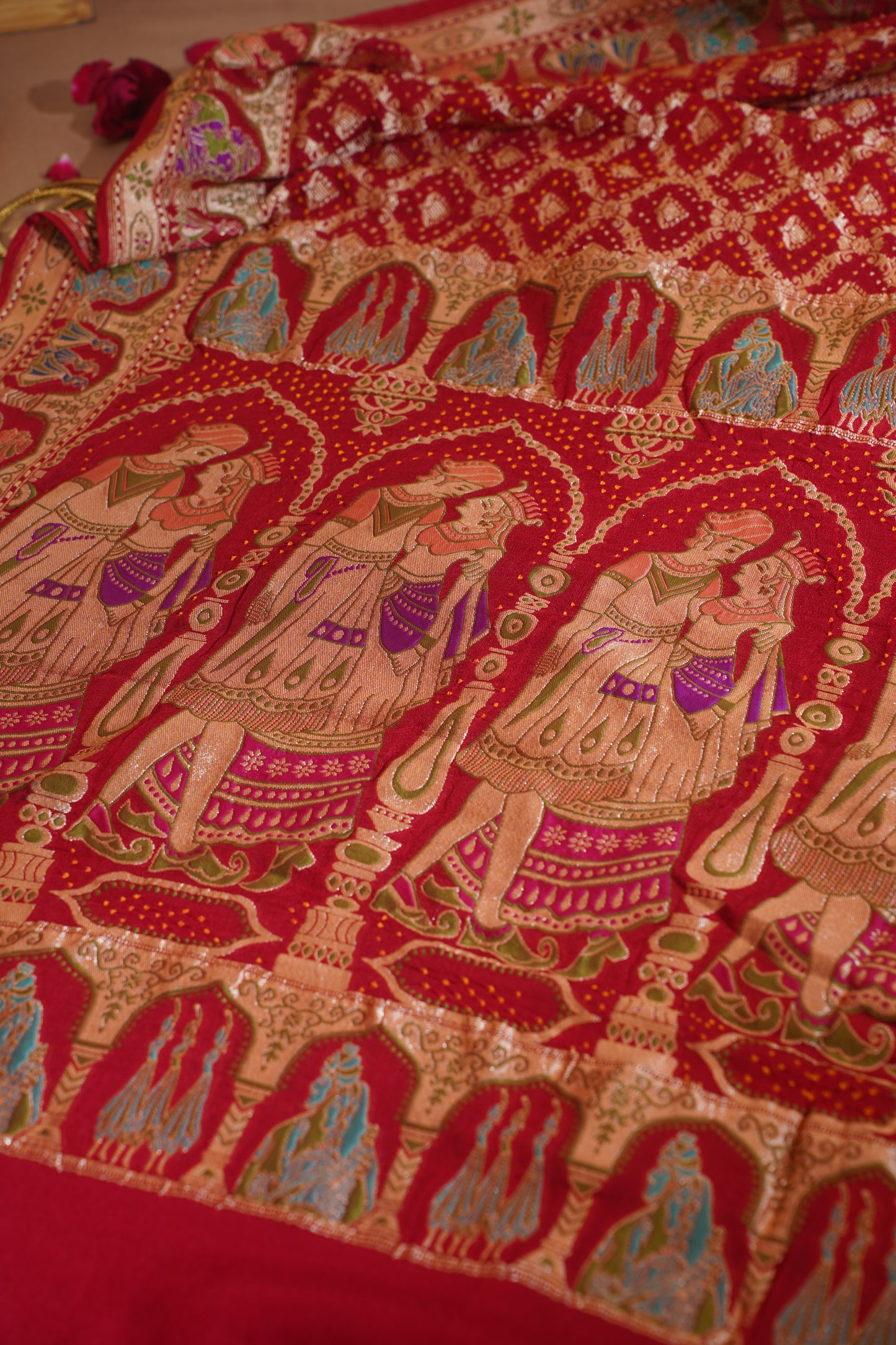 Bagalamukhi Red Pure Khaddi Bandhej Banarasi Handloom Saree