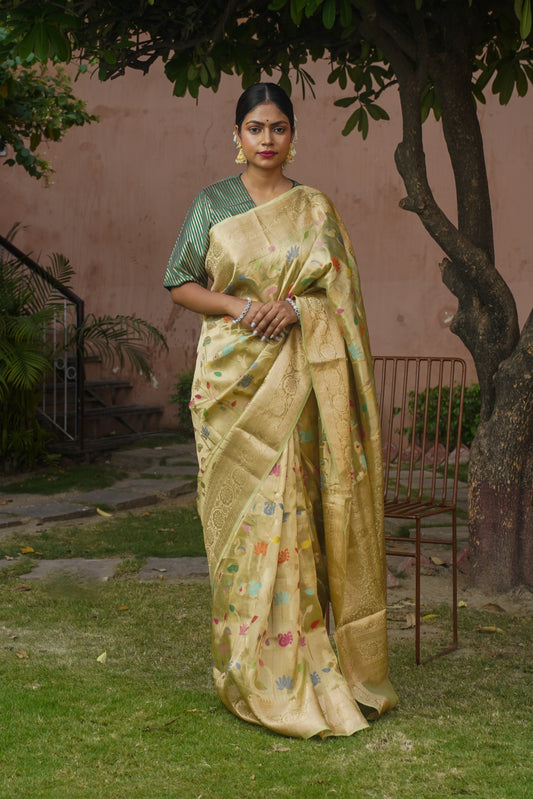 "VIRASAT 121" Pista Green Pure Kota Tissue Silk Banarasi Handwoven Saree
