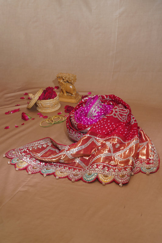 "VIRASAT 109" Red & Pink Pure Bandhej Banarasi Handloom Saree With Danka Work