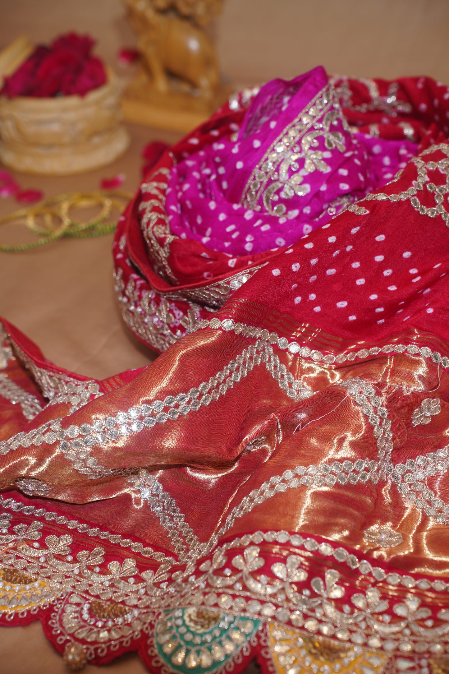 Chinnamasta Red & Pink Pure Bandhej Banarasi Handloom Saree With Danka Work