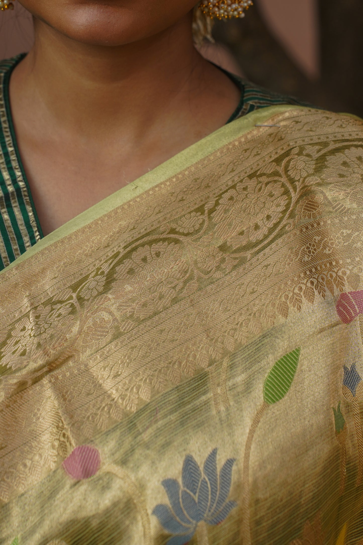Eanamsha Pista Green Pure Kota Tissue Silk Banarasi Handwoven Saree