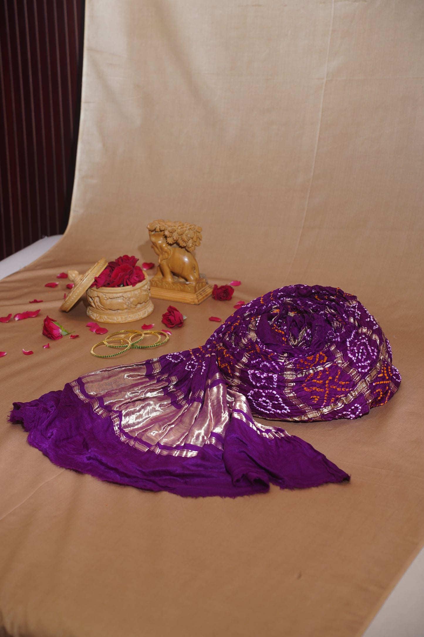 "VIRASAT 110" Dark Purple Pure Gajji Ghat Chola Bandhej Banarasi Handloom Saree