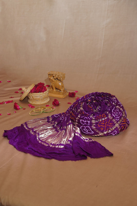 "VIRASAT 110" Dark Purple Pure Gajji Ghat Chola Bandhej Banarasi Handloom Saree