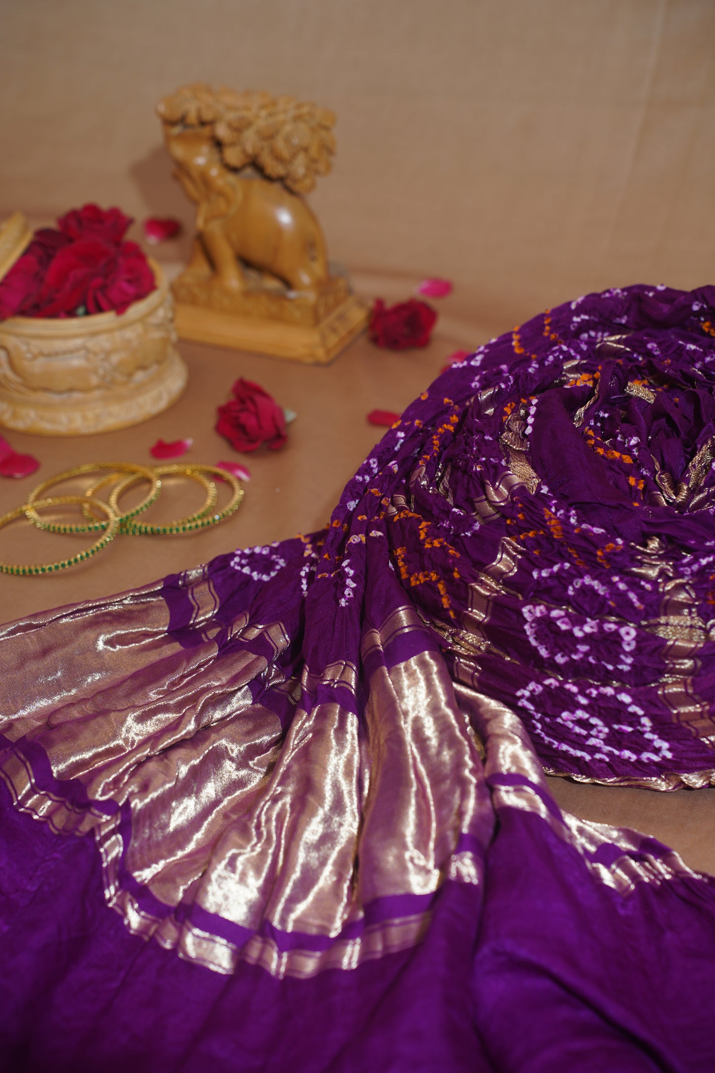 "VIRASAT 110" Dark Purple Pure Gajji Ghat Chola Bandhej Banarasi Handloom Saree