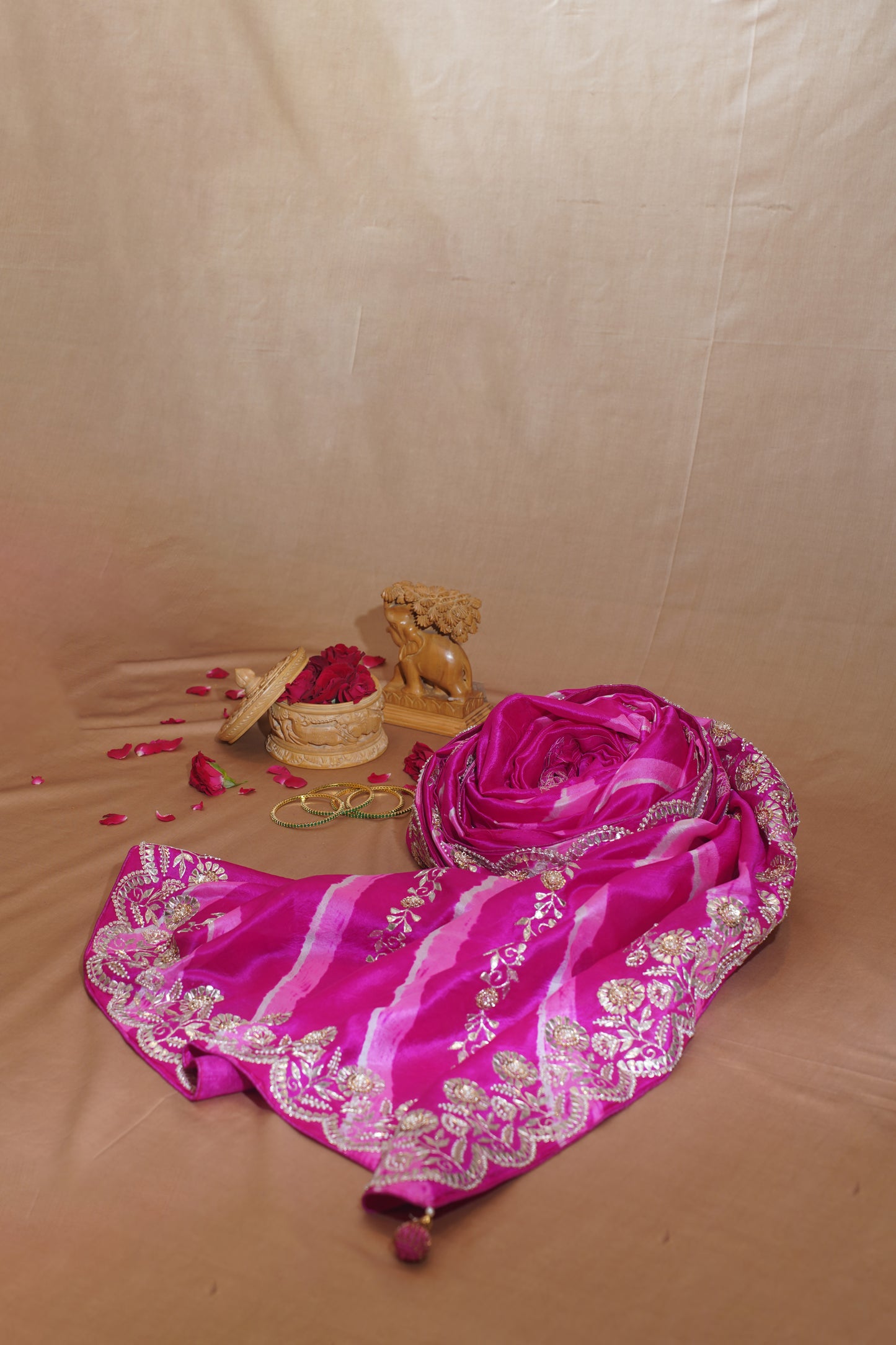 Tara Dark Pink Pure Leheriya Bandhani Banarasi Handloom Saree With Danka Work