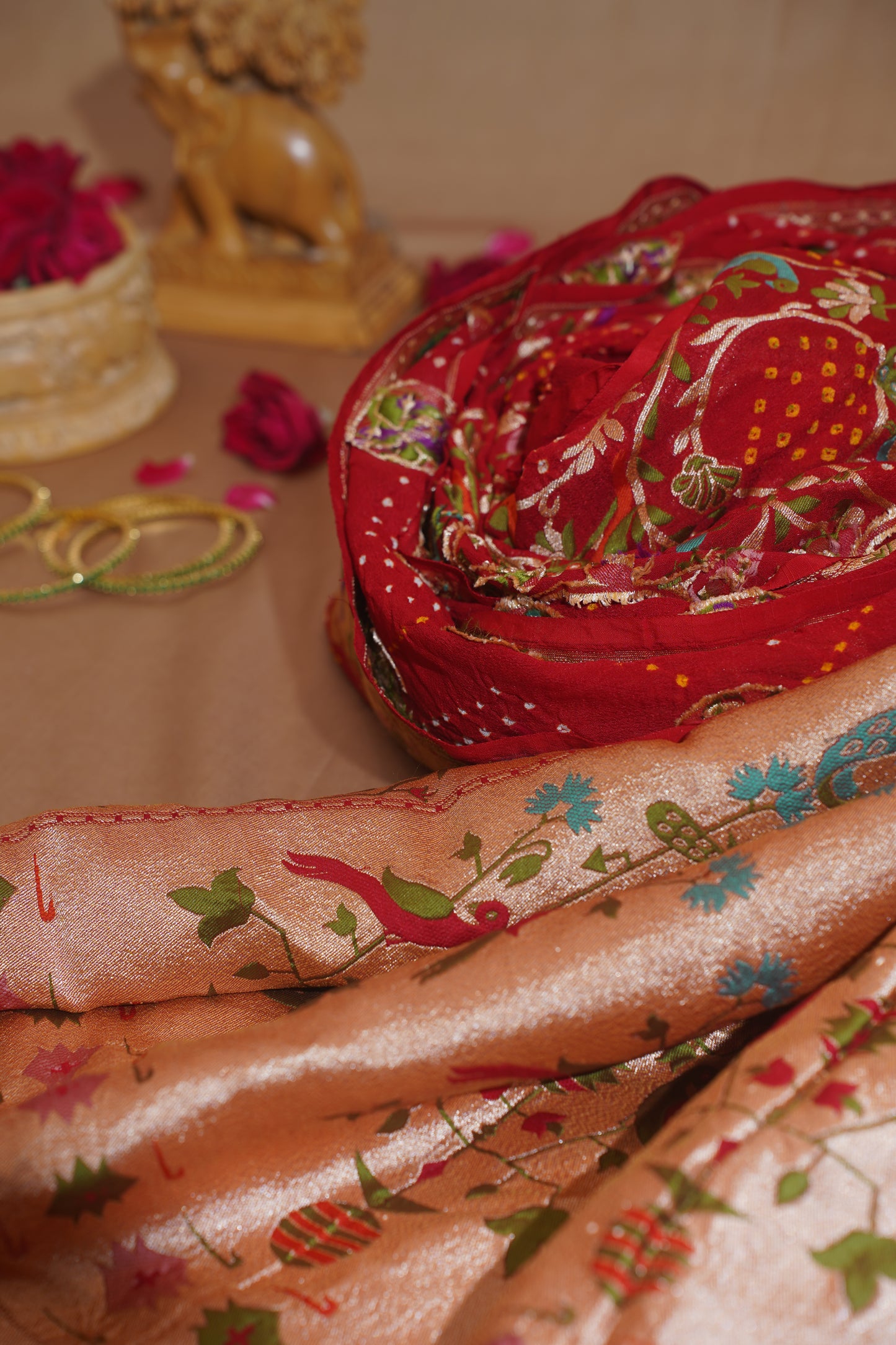 Mahalakshmi Red Pure Georgette Bandhej Banarasi Handloom Saree