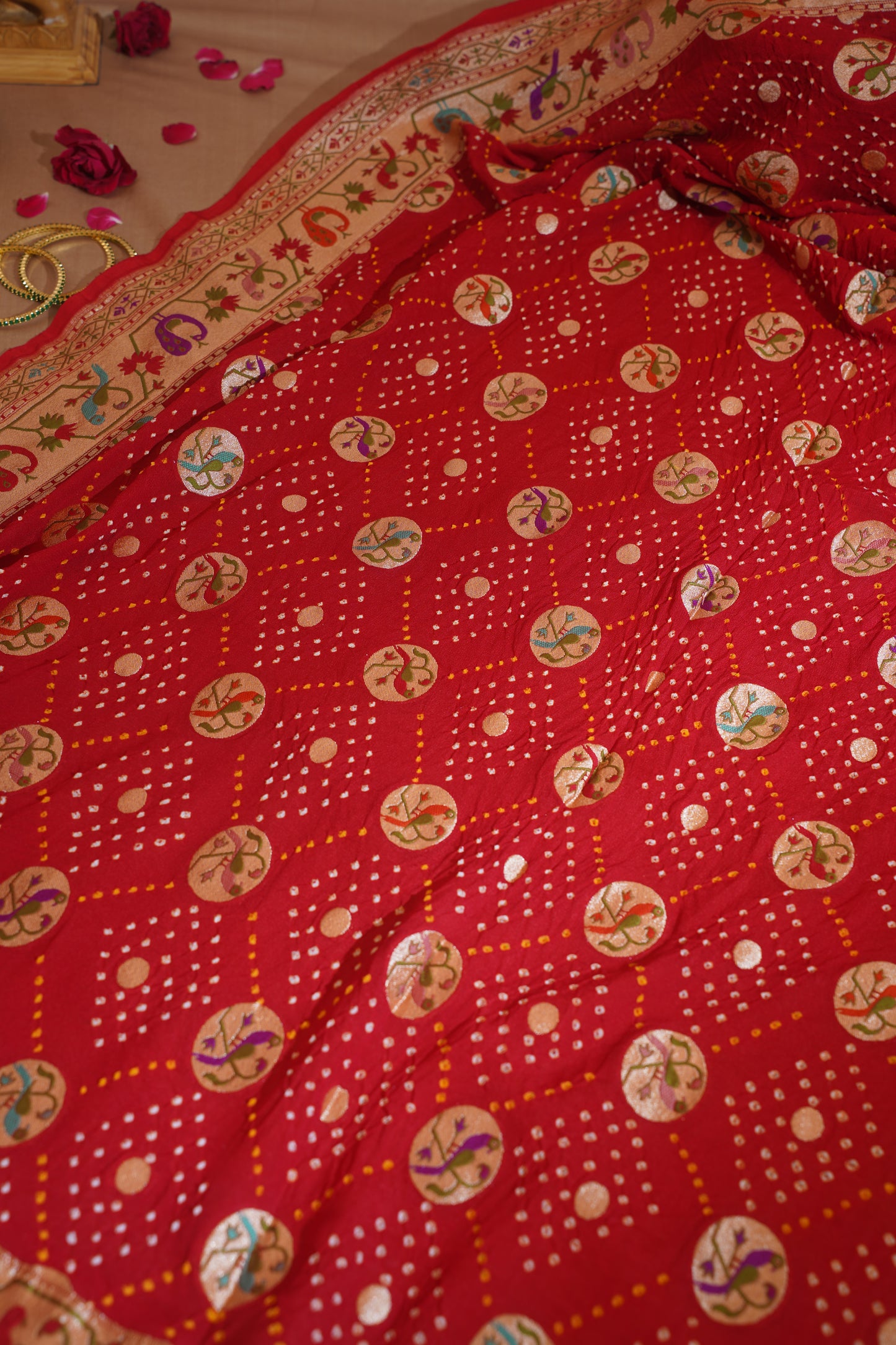 Mahalakshmi Red Pure Georgette Bandhej Banarasi Handloom Saree