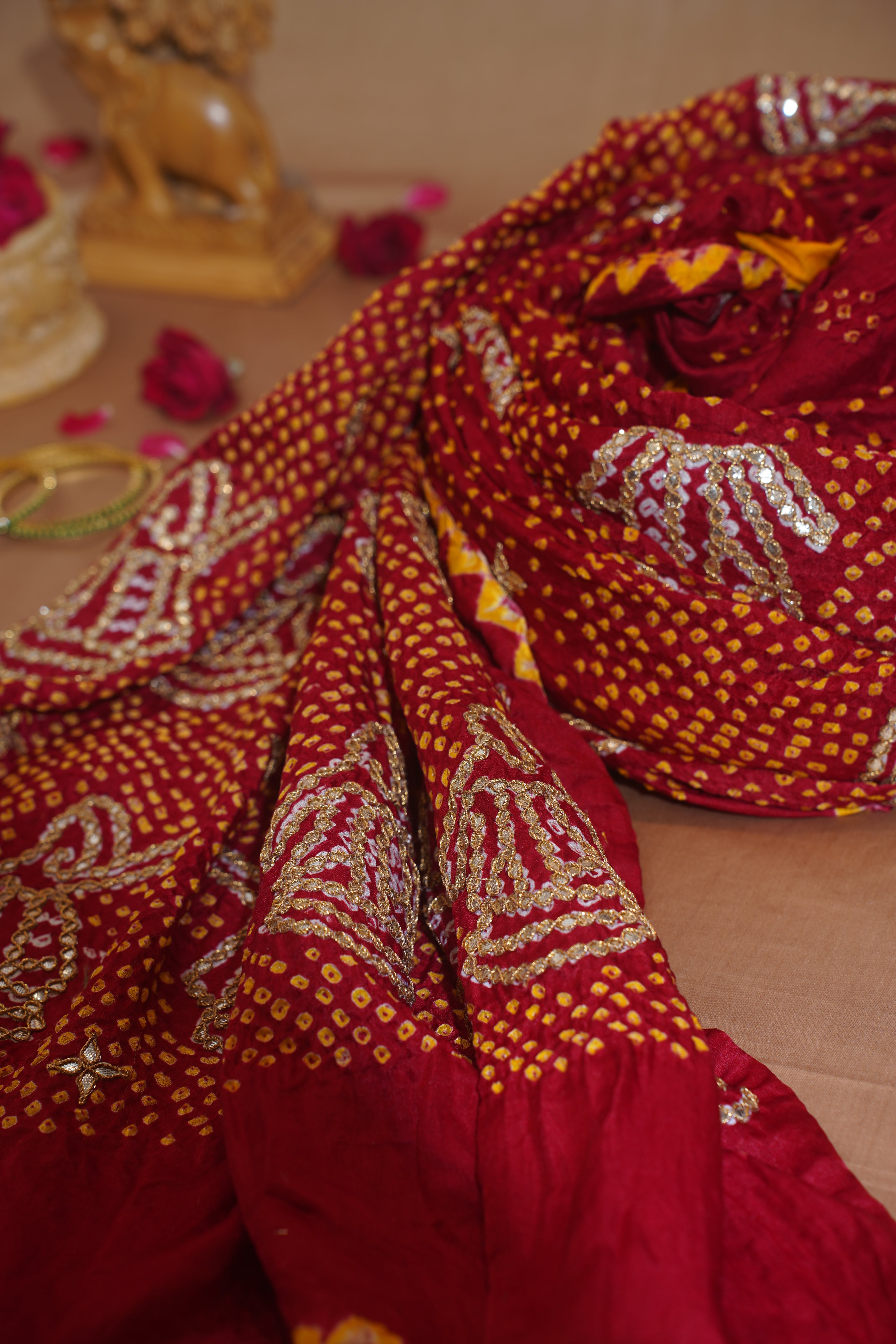 "VIRASAT 113" Maroon Pure Bandhej Banarasi Handloom Saree With Danka Gota Patti Work