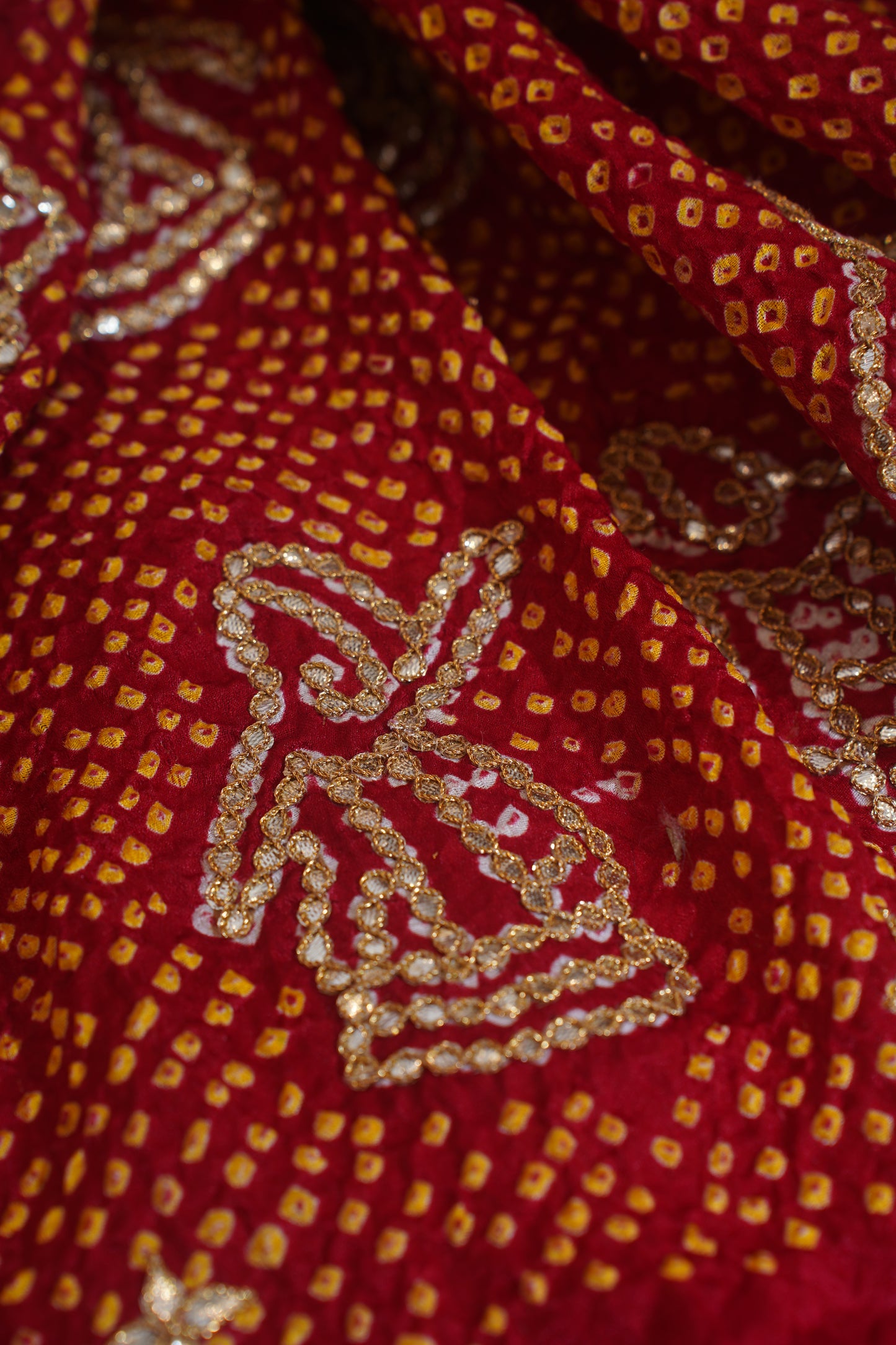 "VIRASAT 113" Maroon Pure Bandhej Banarasi Handloom Saree With Danka Gota Patti Work