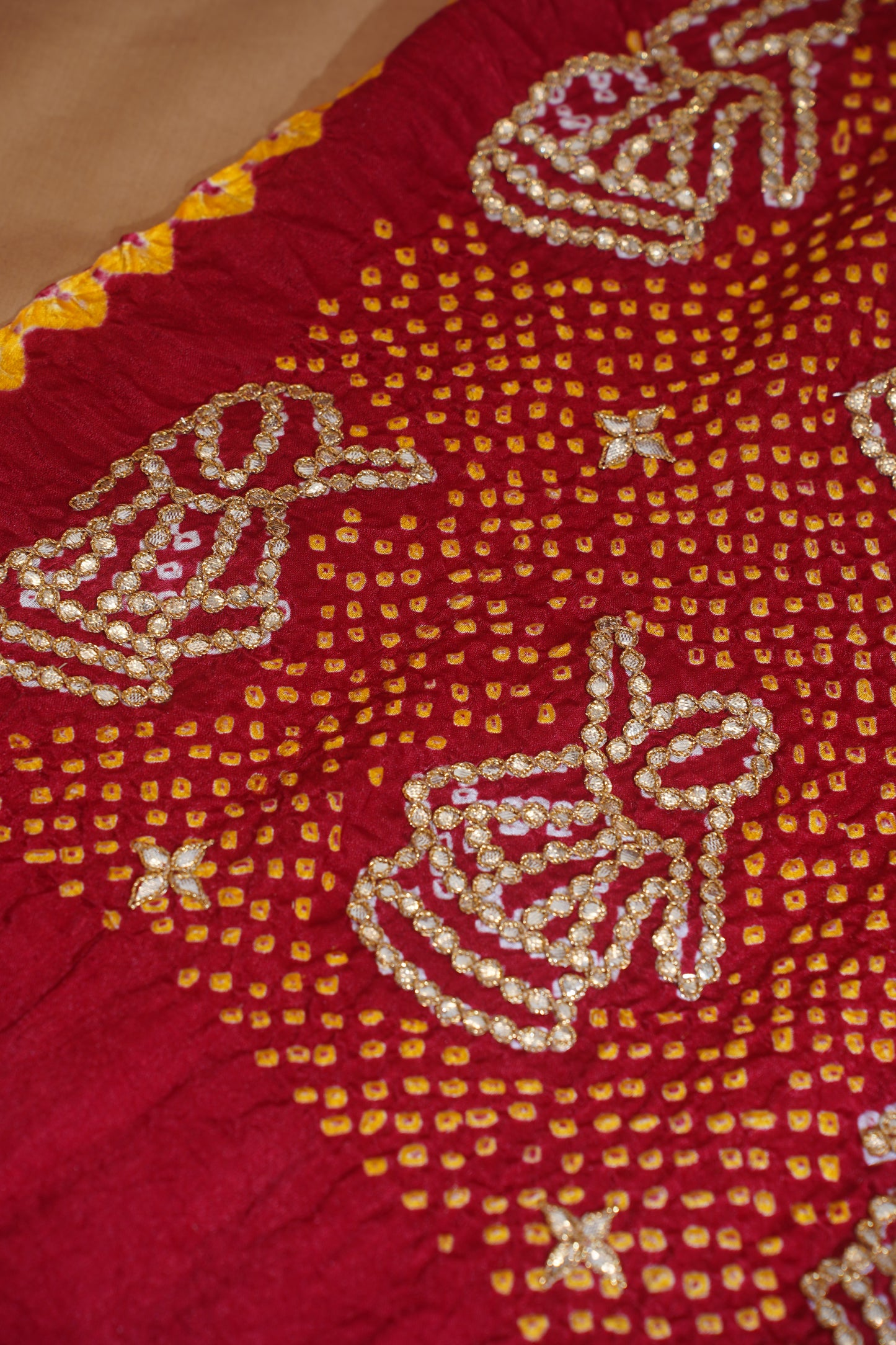 "VIRASAT 113" Maroon Pure Bandhej Banarasi Handloom Saree With Danka Gota Patti Work