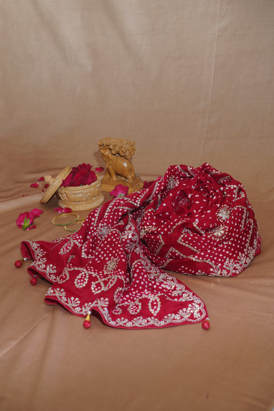 "VIRASAT 107" Red Pure Gajji Bandhej Banarasi Handloom Saree With Danka Gota Patti Work