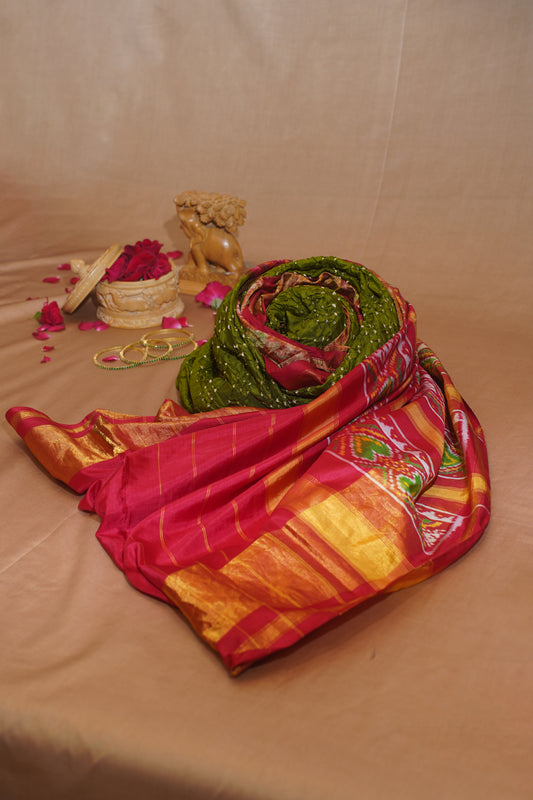 "VIRASAT 114" Olive Green Pure Ikkat Patola Bandhej Handloom Saree