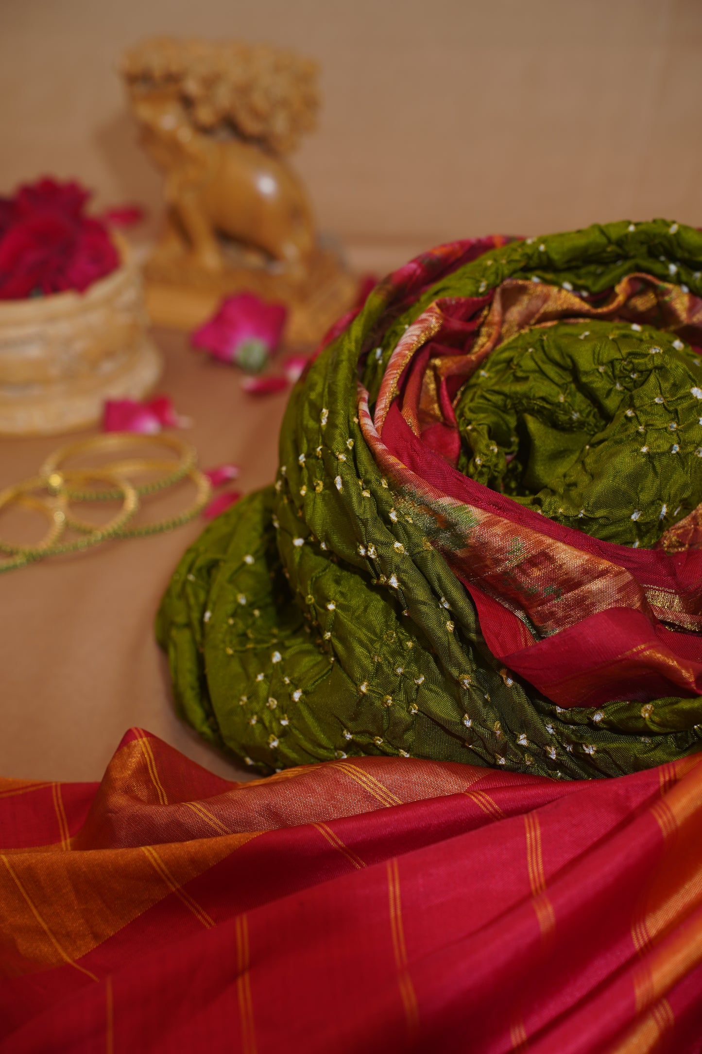 "VIRASAT 114" Olive Green Pure Ikkat Patola Bandhej Handloom Saree