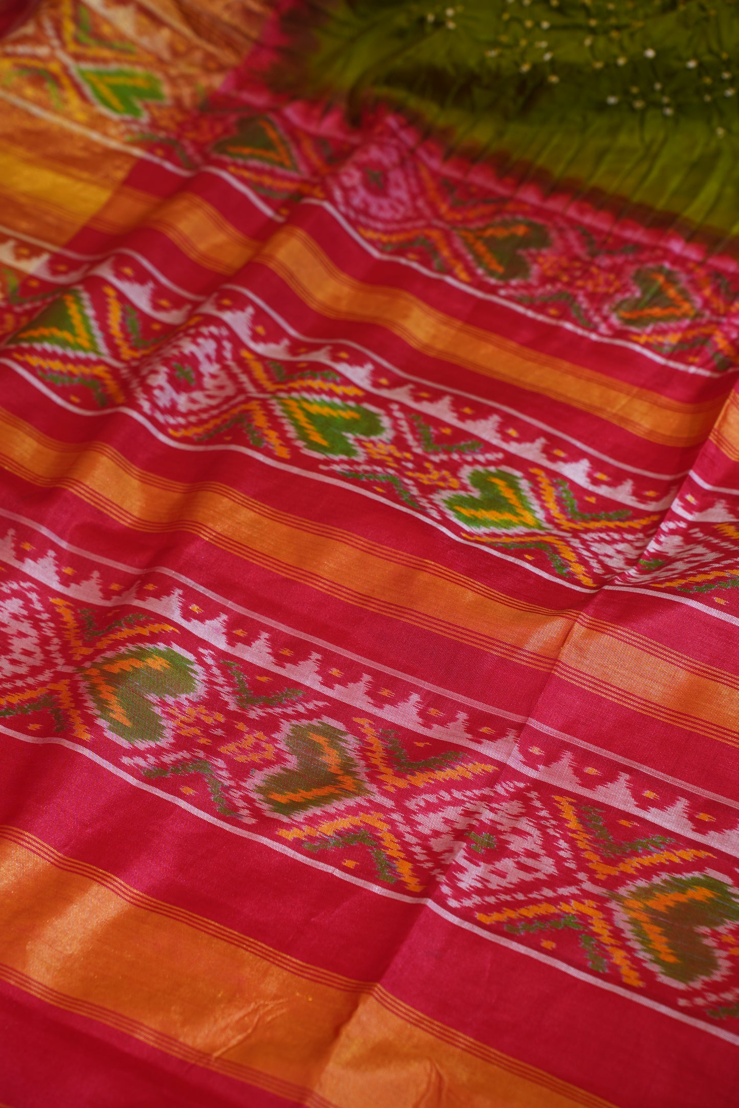 "VIRASAT 114" Olive Green Pure Ikkat Patola Bandhej Handloom Saree