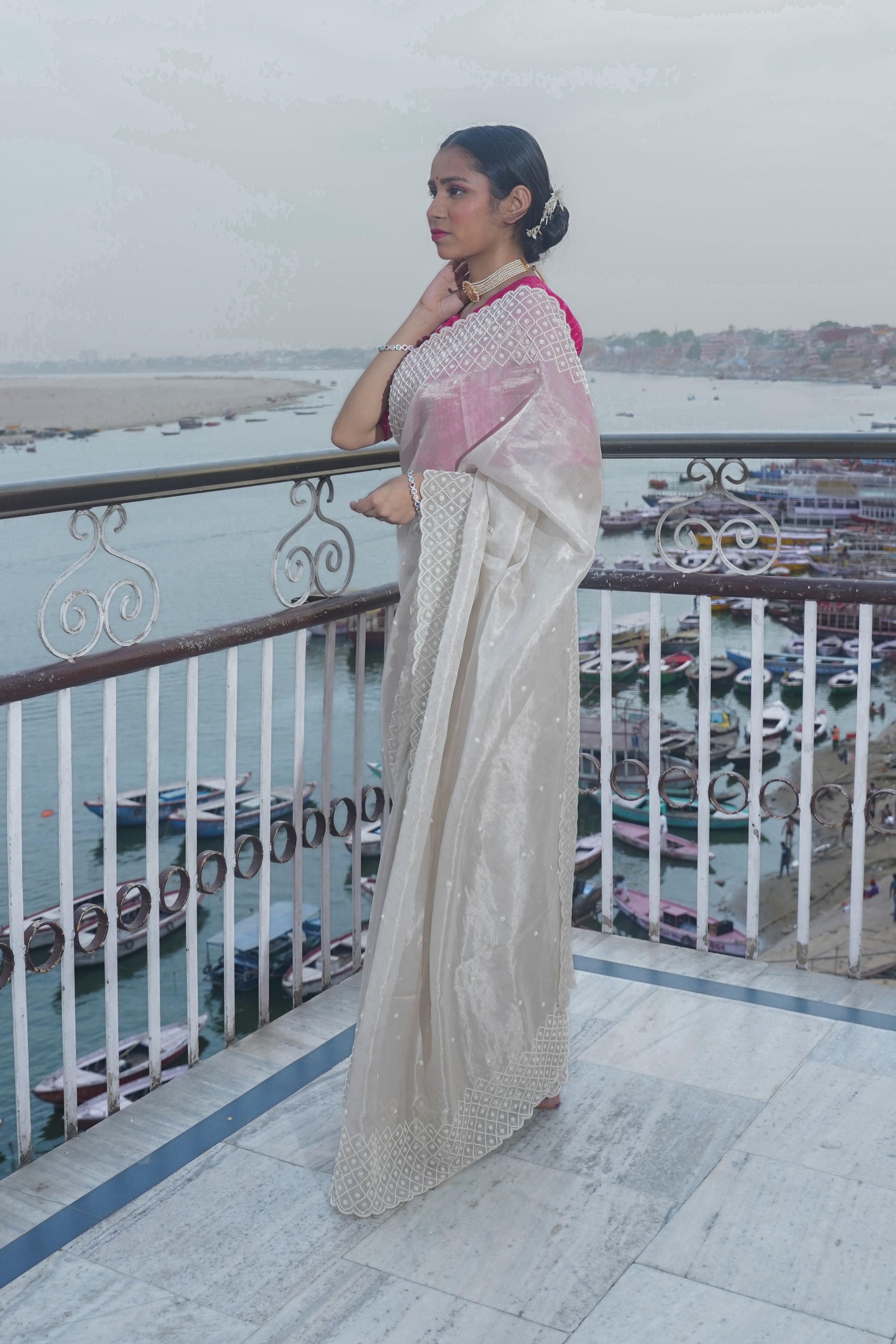 "VIRASAT 126" Off white Banarasi Tissue silk saree with pearl work
