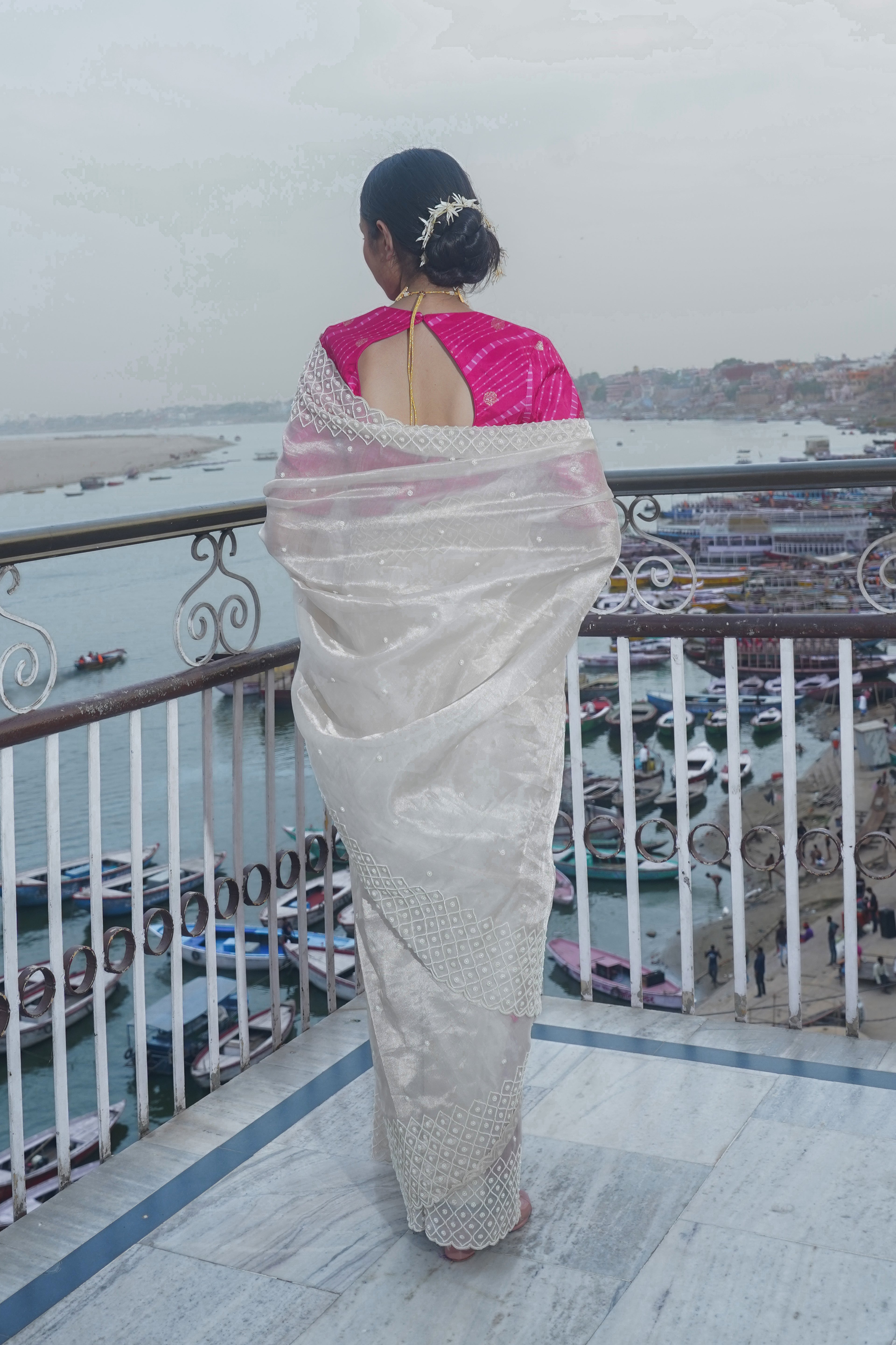 "VIRASAT 126" Off white Banarasi Tissue silk saree with pearl work